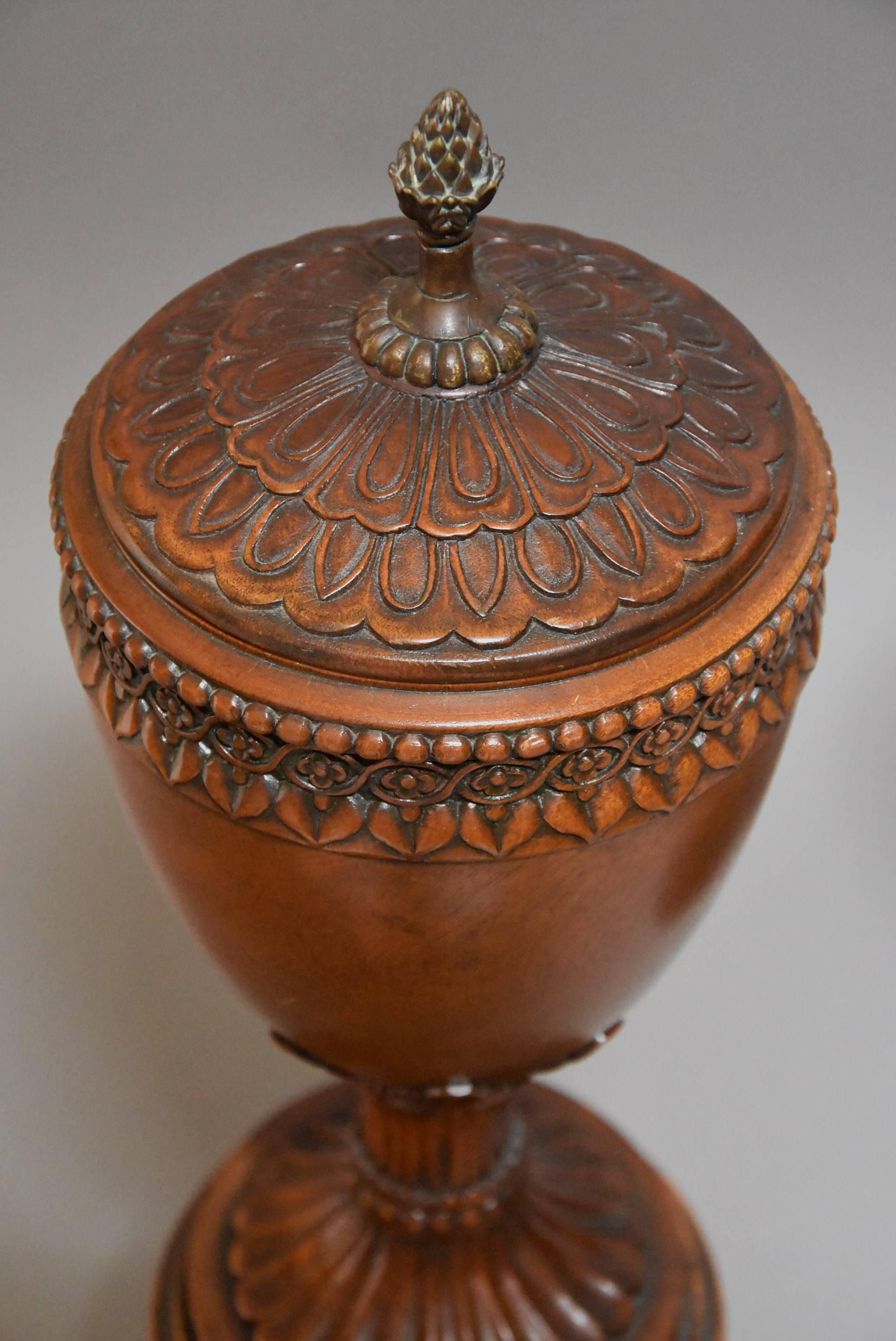 Mahogany Pair of Early 20th Century Decorative Wooden Urns with Lids