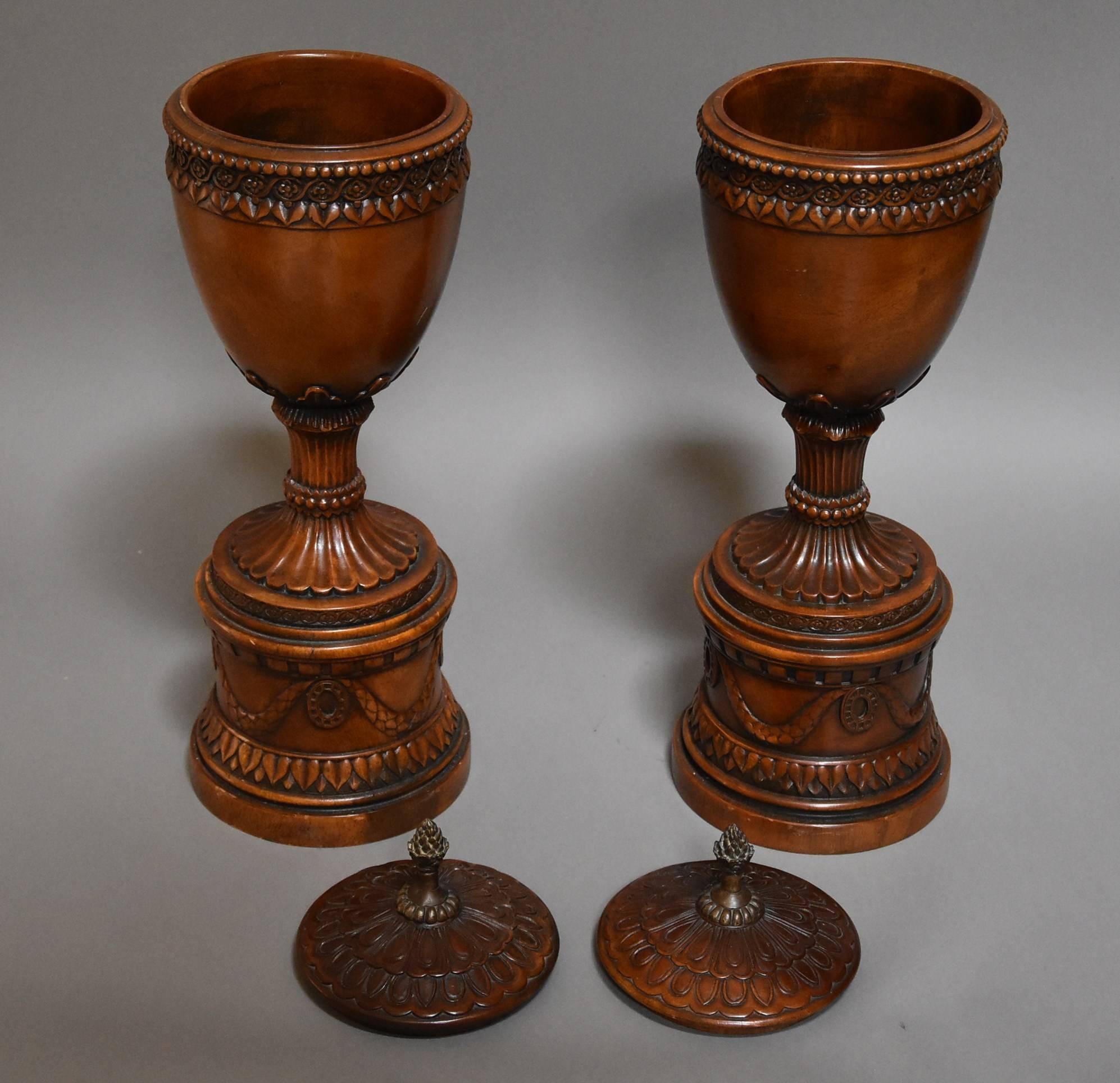 Pair of Early 20th Century Decorative Wooden Urns with Lids 4