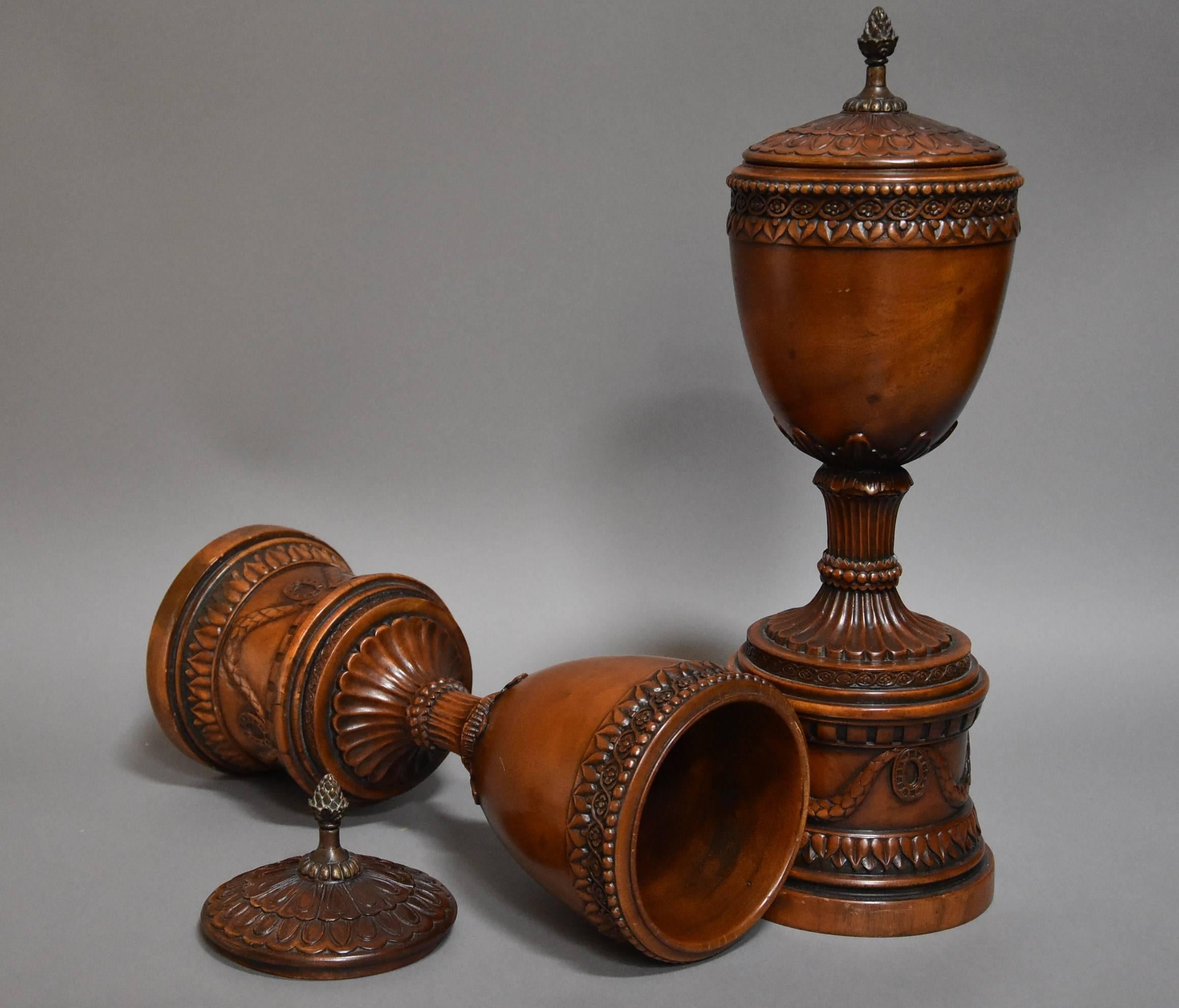 Pair of Early 20th Century Decorative Wooden Urns with Lids 5