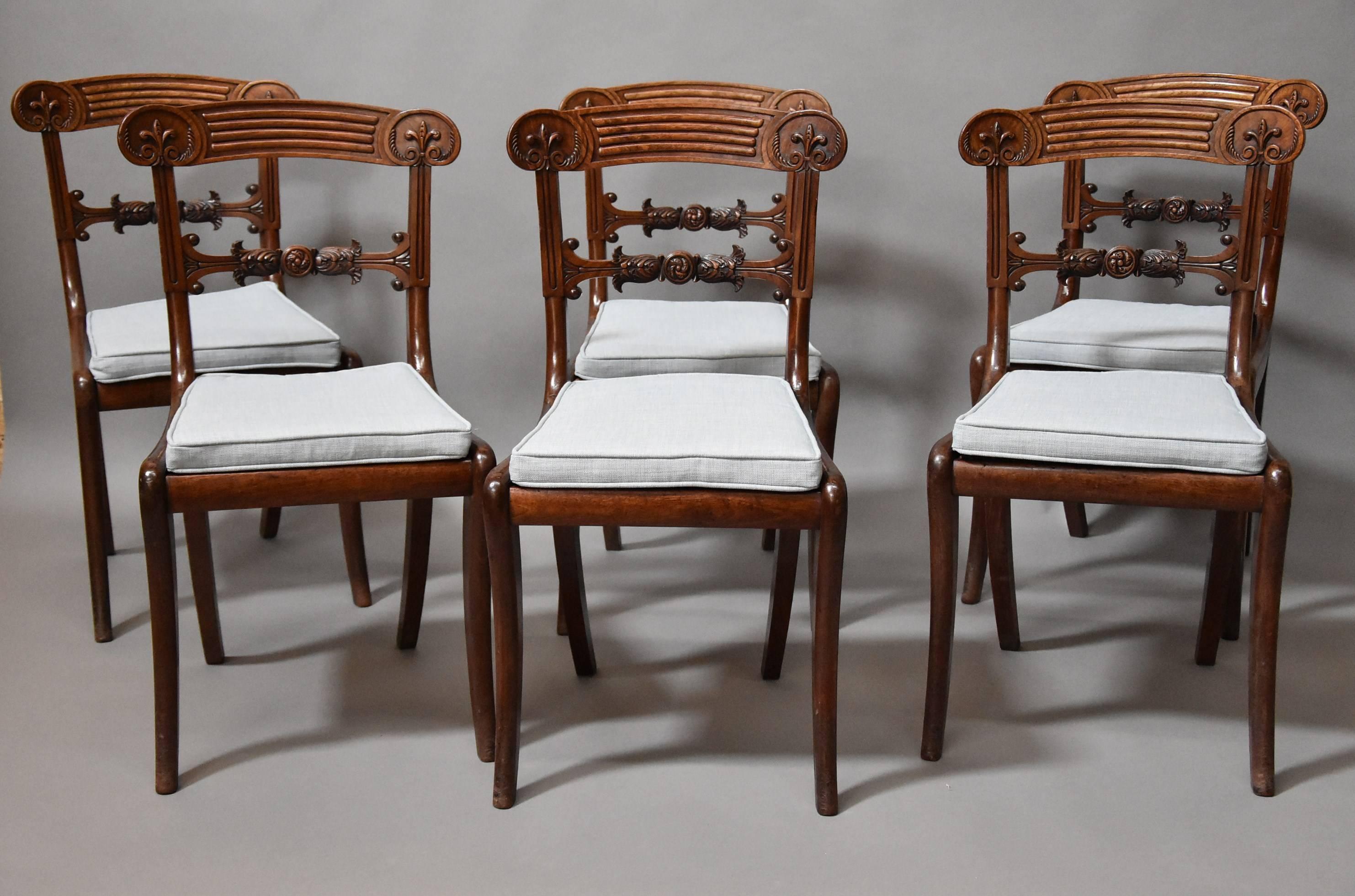 A superb set of eight Regency mahogany dining chairs in exceptional original condition and of superb patina (color). 

This set of chairs consists of two armchairs and six single chairs which form a good set of eight dining chairs.

The chairs