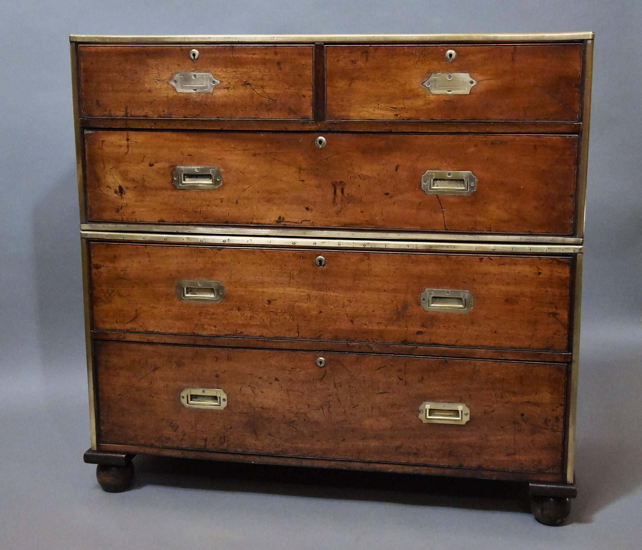 English Mid-19th Century Mahogany and Brass Bound Military Chest of Excellent Patina