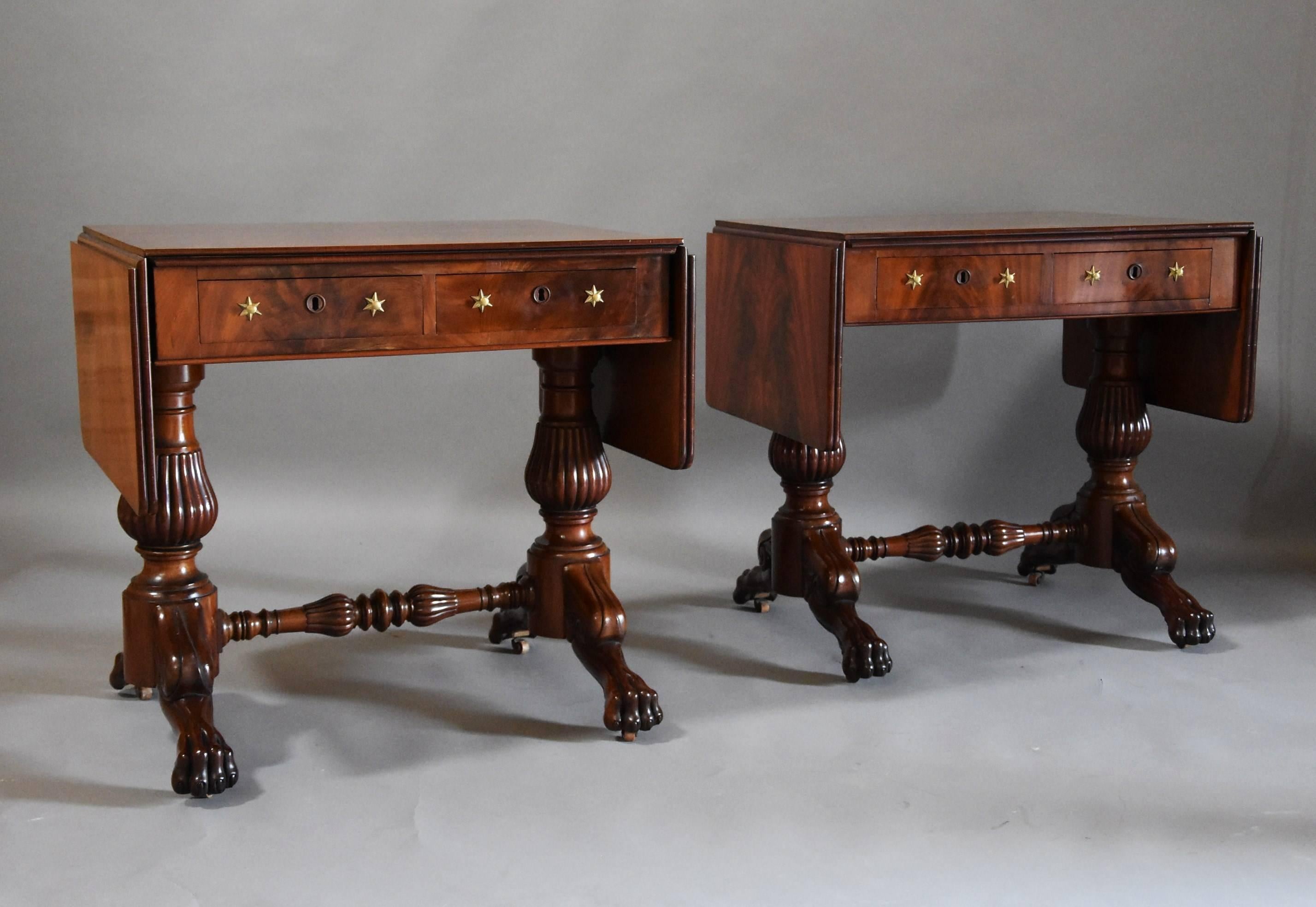 A superb pair of mid-19th century French mahogany sofa tables made from superb quality materials of desirable size.

The tops and leaves consist of superb curl mahogany mirror veneers with a moulded edge, the top having evidence of slight movement
