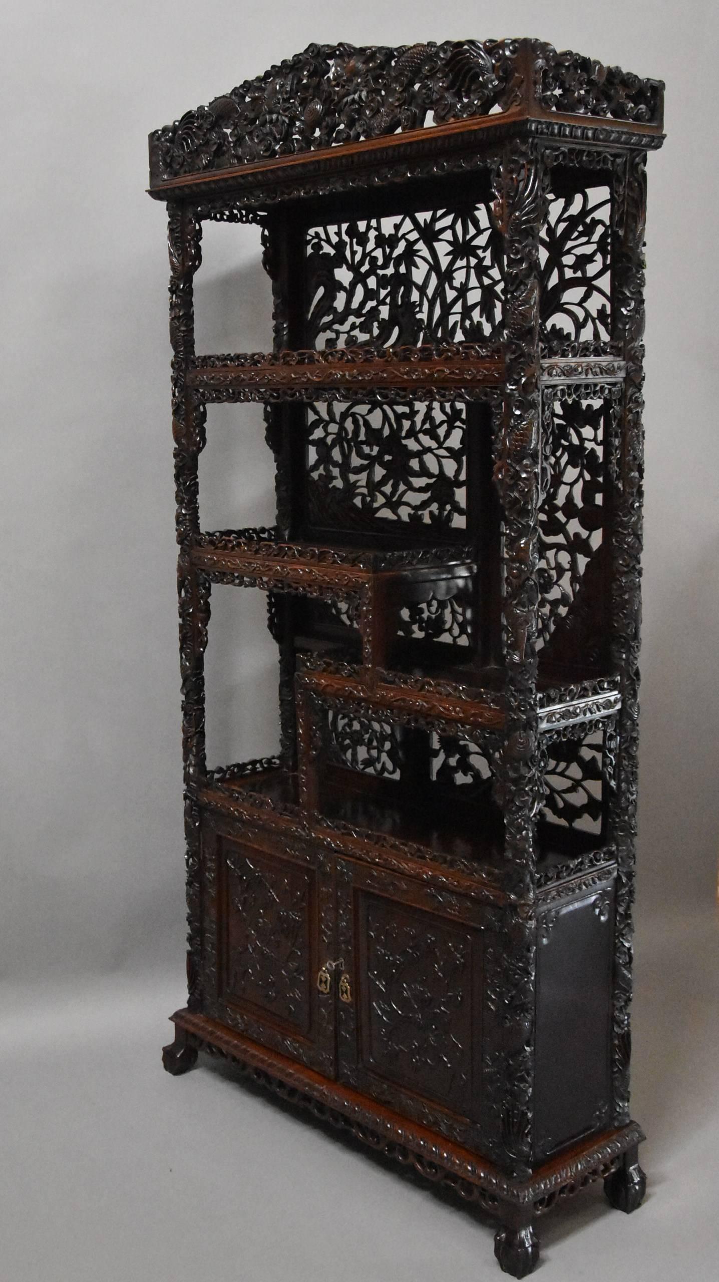 Superb Quality 19th Century Chinese Profusely Carved Padouk Display Cabinet In Excellent Condition In Suffolk, GB