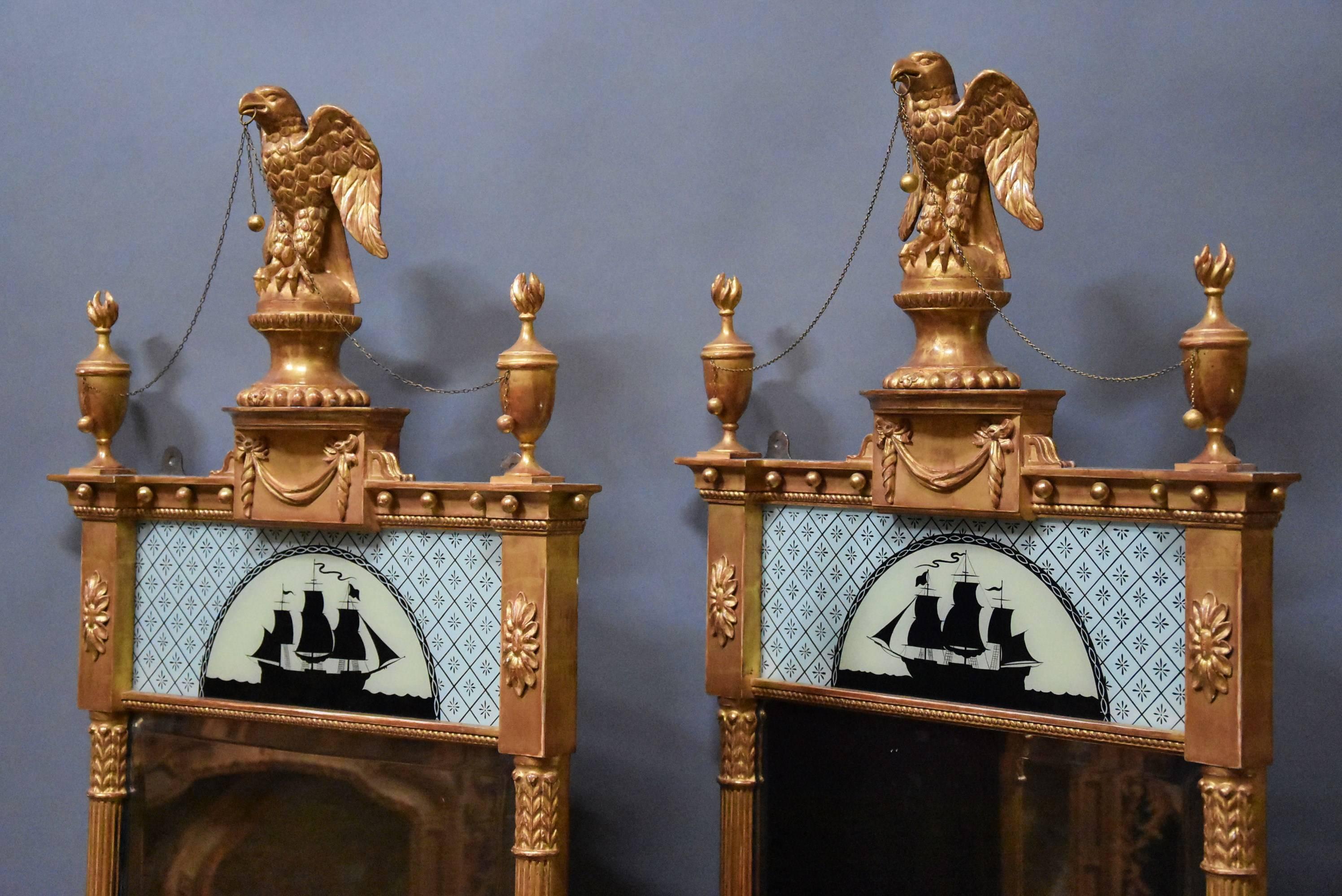 English Superb Pair of Carved Giltwood Pier Mirrors in the Regency Style