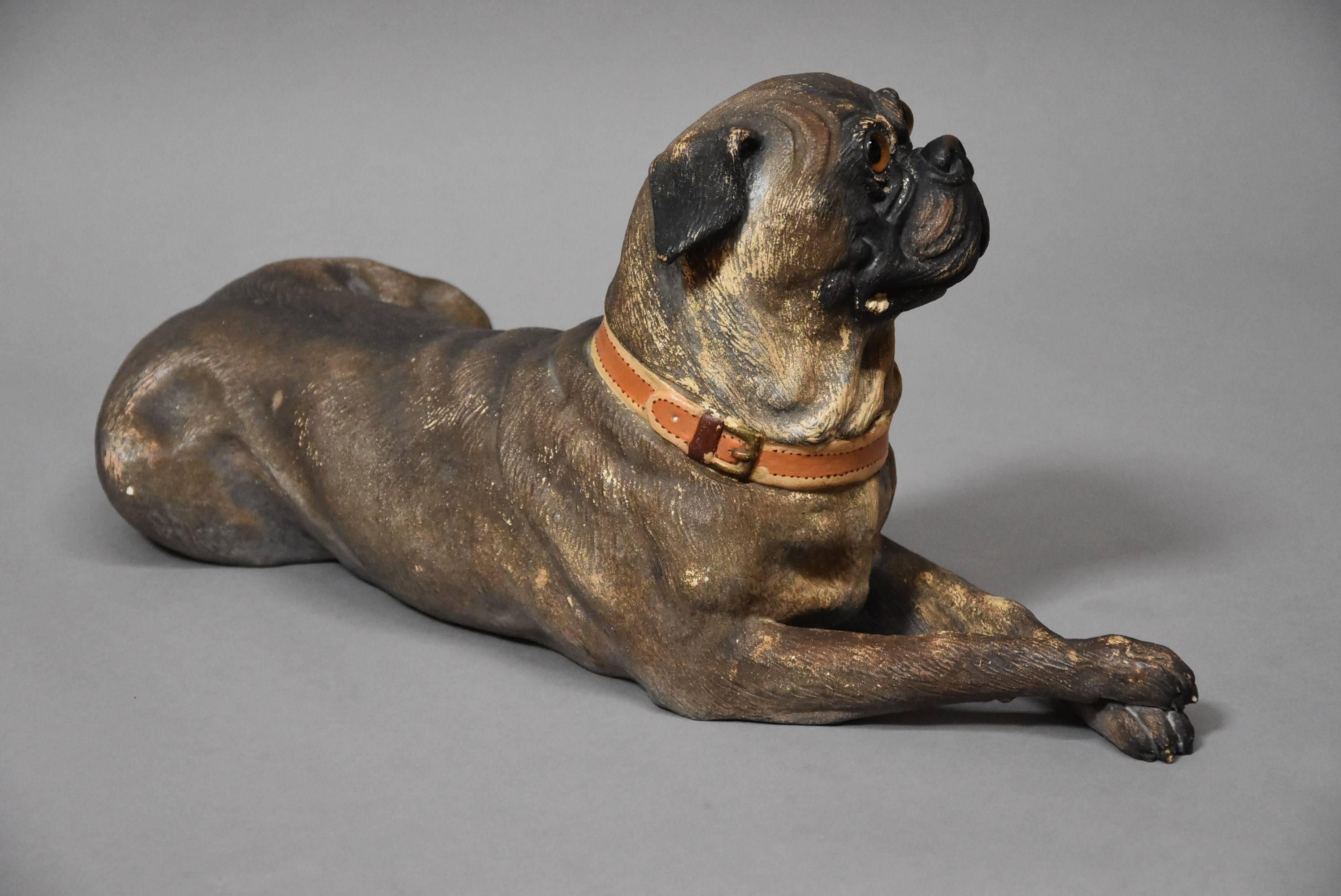 Austrian Late 19th Century Reclining Terracotta Pug Dog In Excellent Condition In Suffolk, GB