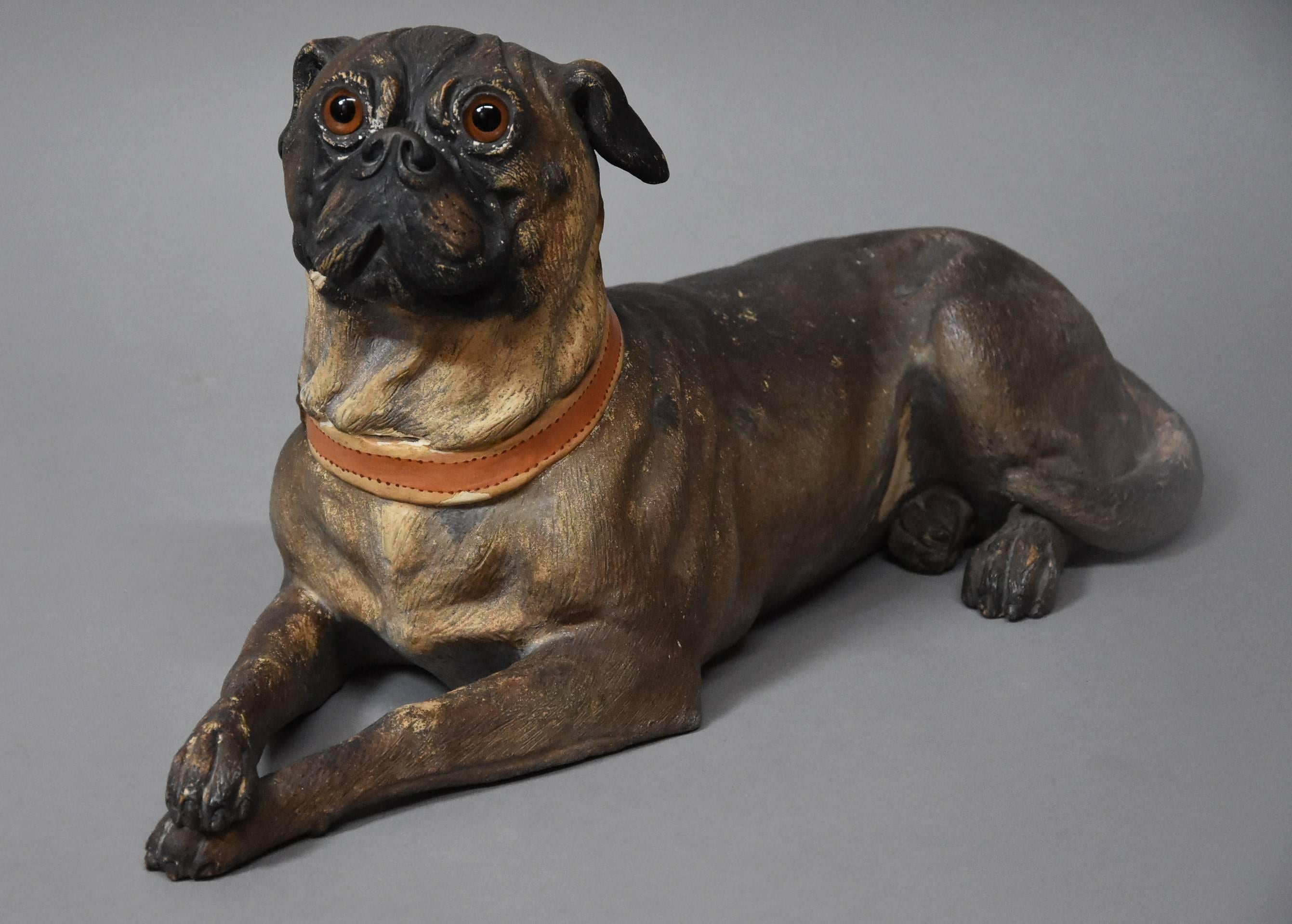 Austrian Late 19th Century Reclining Terracotta Pug Dog 1