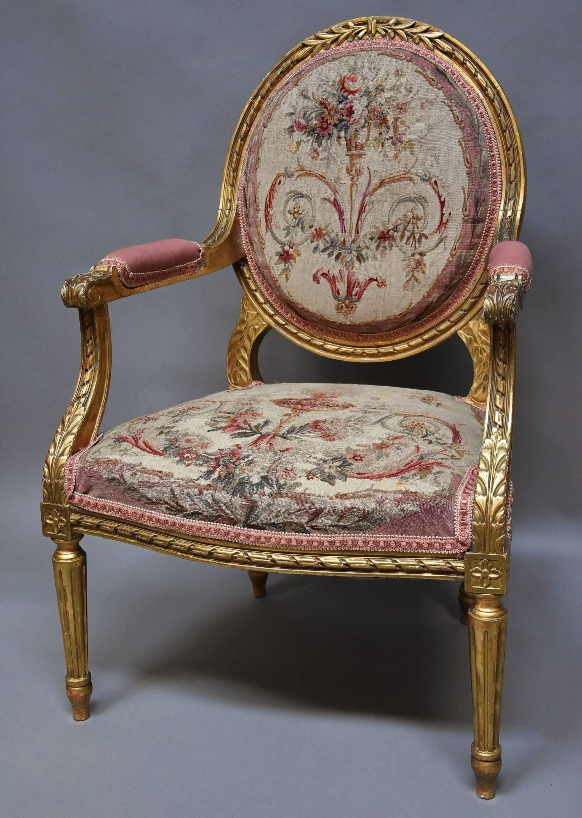Pair of French 19th Century Giltwood Open Armchairs in the Louis XVI Style In Good Condition In Suffolk, GB