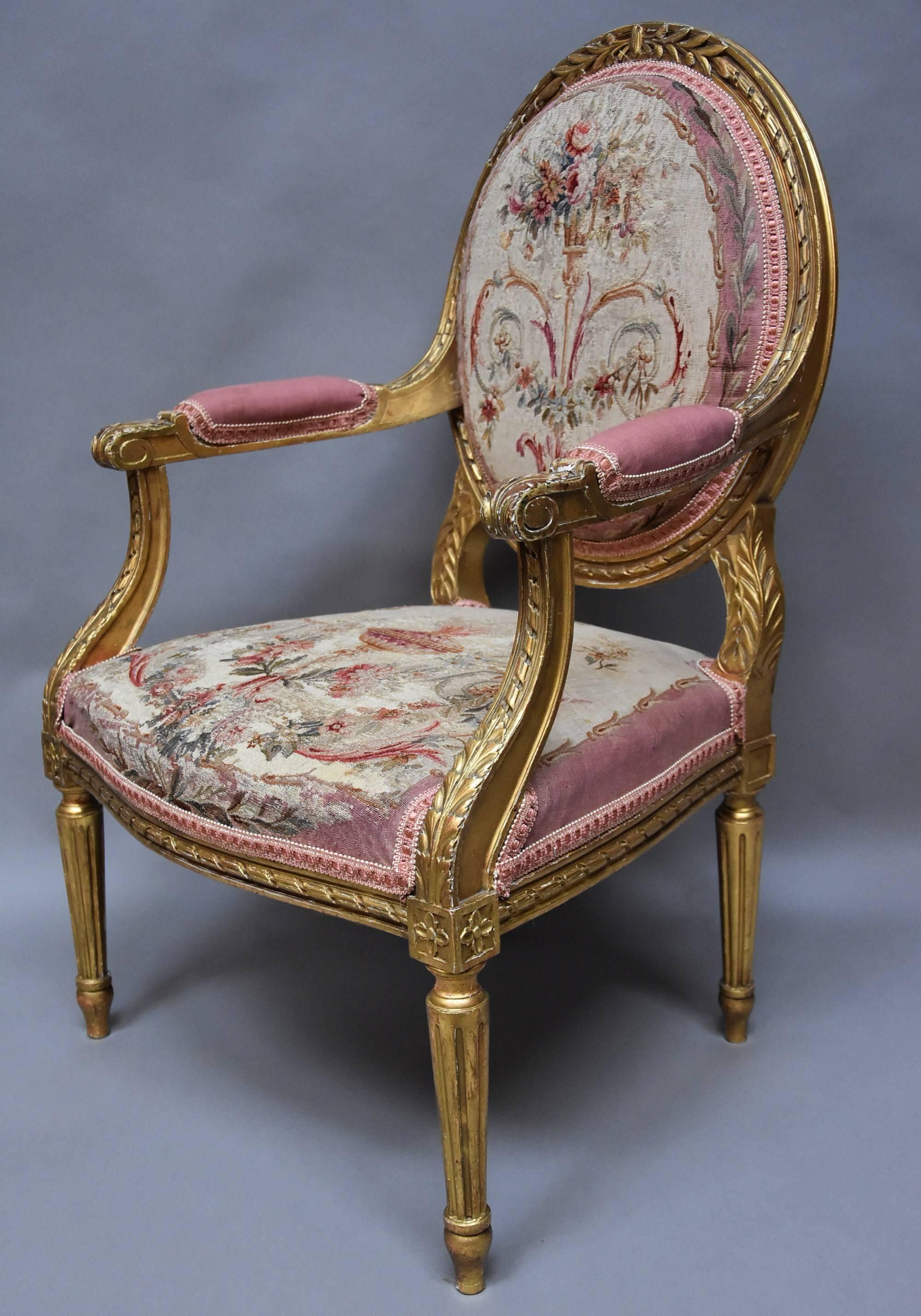Late 19th Century Pair of French 19th Century Giltwood Open Armchairs in the Louis XVI Style