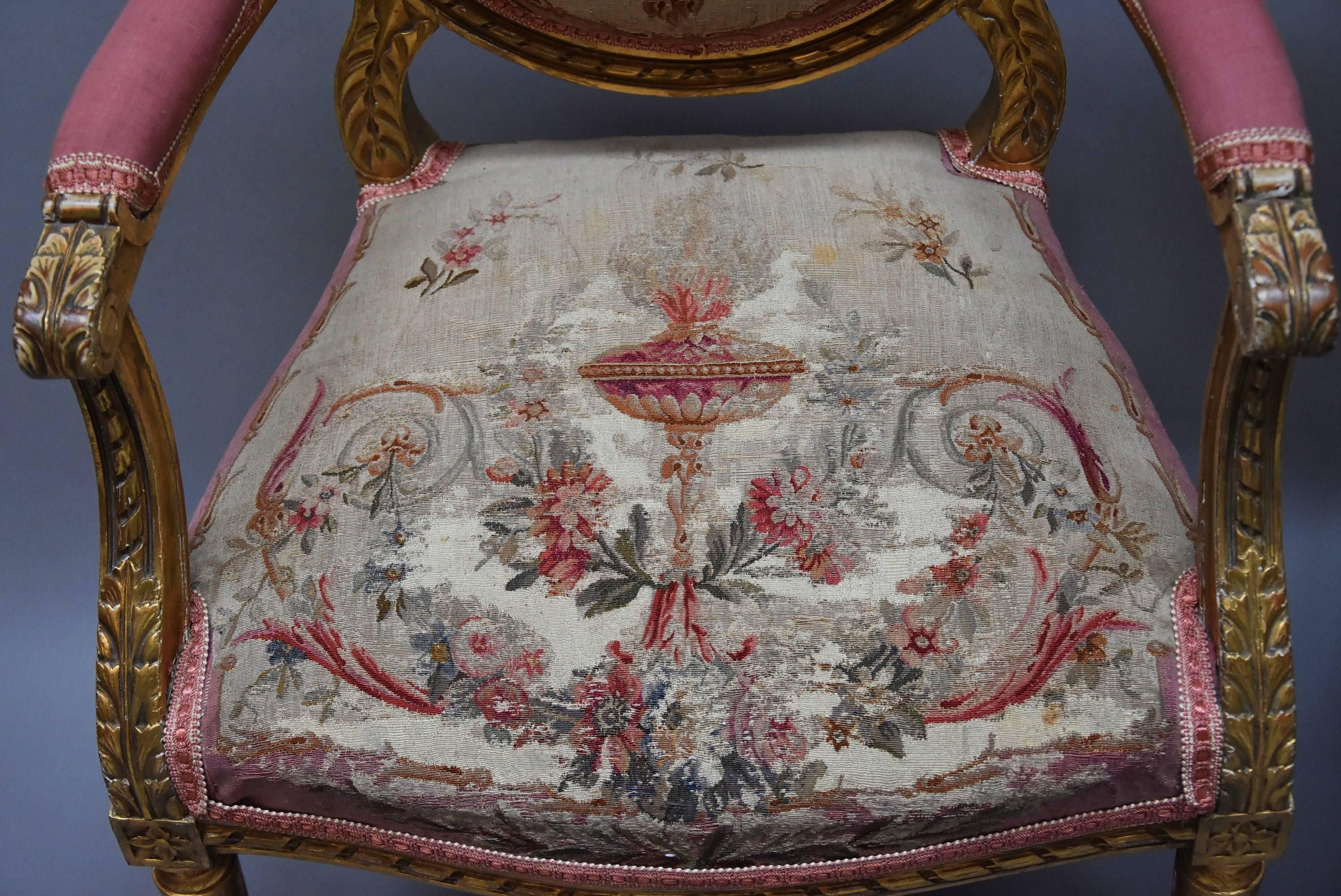 Pair of French 19th Century Giltwood Open Armchairs in the Louis XVI Style 3