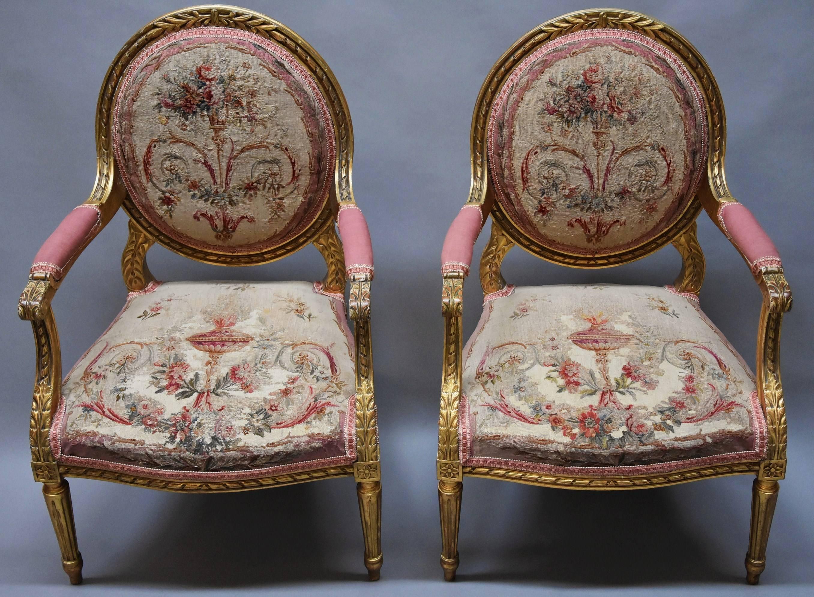 Pair of French 19th Century Giltwood Open Armchairs in the Louis XVI Style 4
