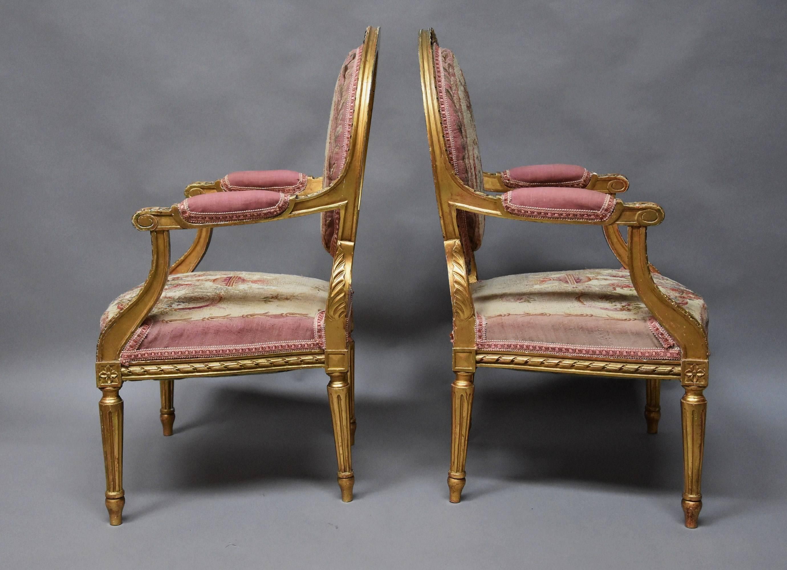 Pair of French 19th Century Giltwood Open Armchairs in the Louis XVI Style 5
