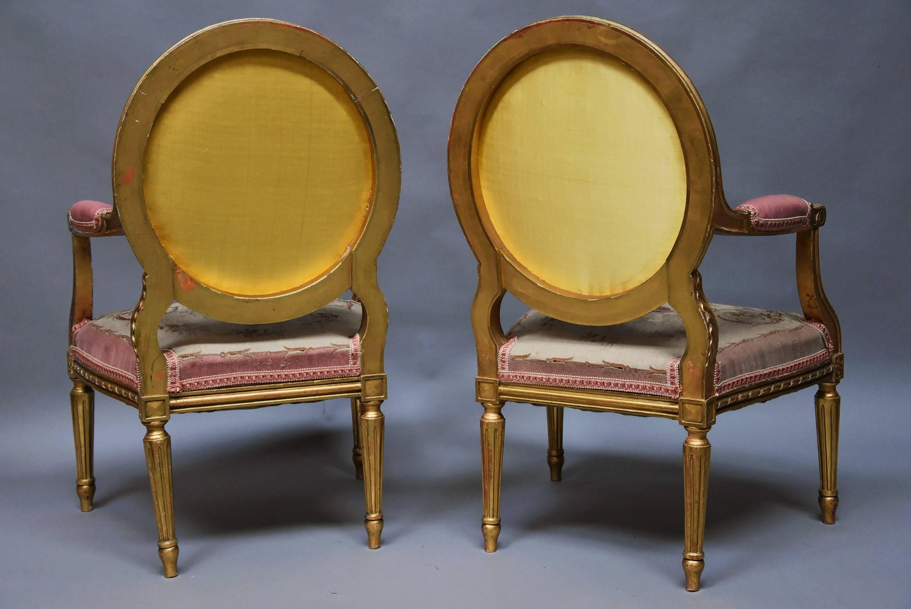 Pair of French 19th Century Giltwood Open Armchairs in the Louis XVI Style 6