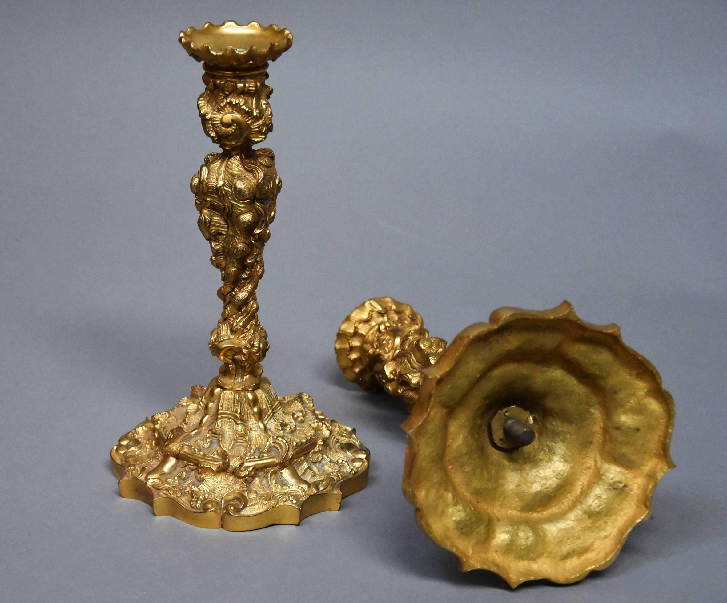Pair of 19th Century French Ormolu Candlesticks in the Rococo Style 6