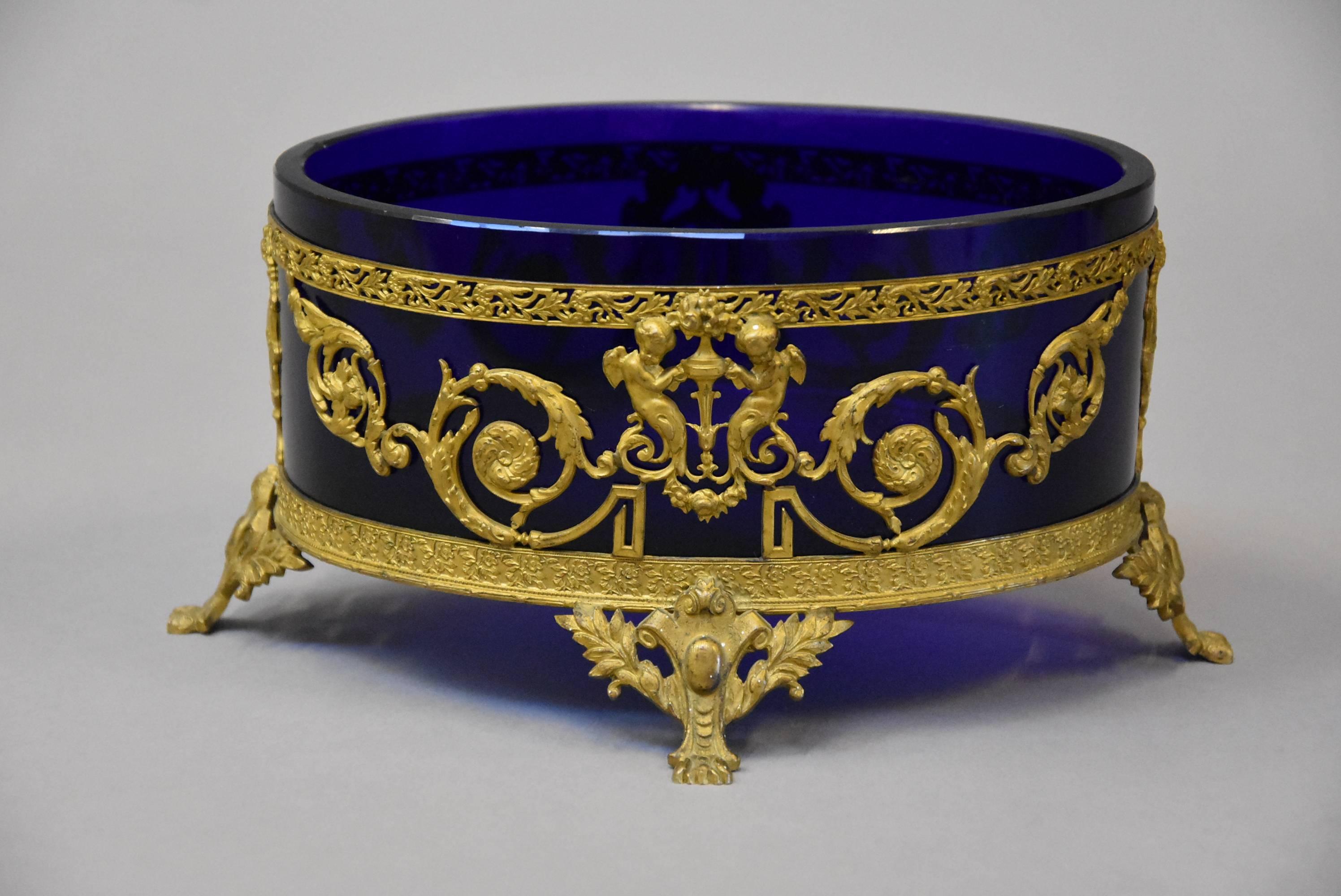 Swedish Fine Quality 19th Century Blue Glass and Gilt Metal Classical Style Centrepiece For Sale