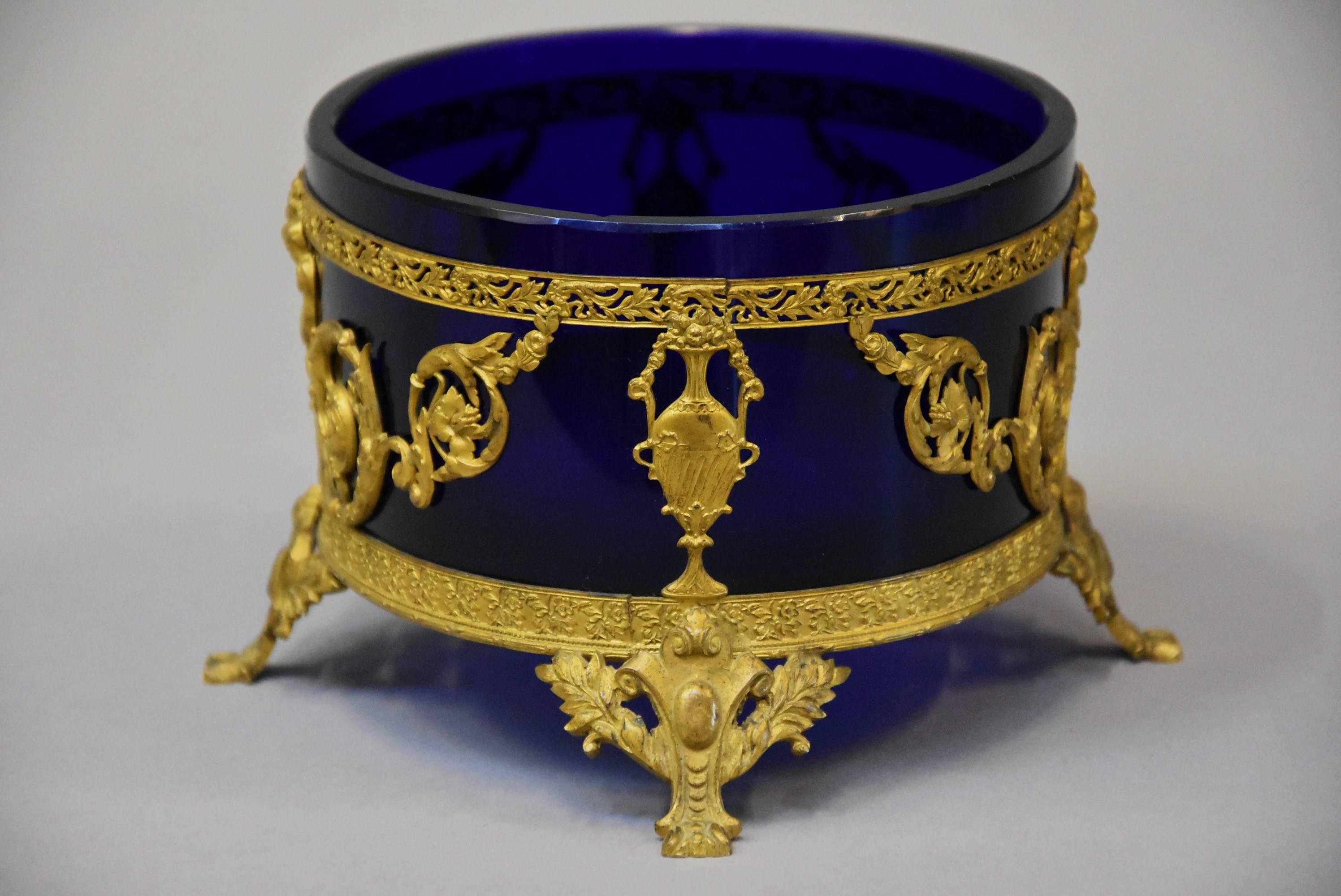 Fine Quality 19th Century Blue Glass and Gilt Metal Classical Style Centrepiece In Good Condition For Sale In Suffolk, GB