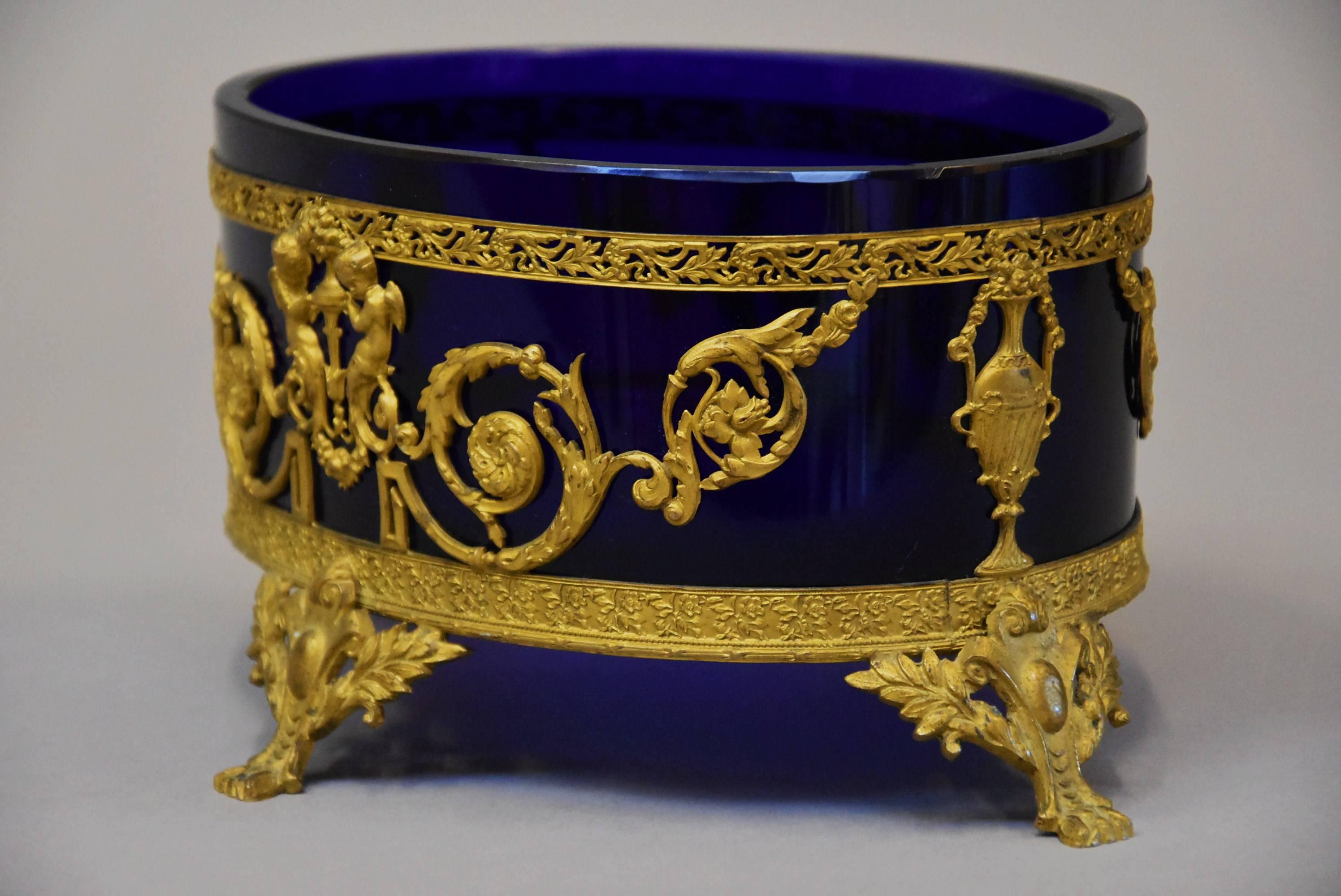 Fine Quality 19th Century Blue Glass and Gilt Metal Classical Style Centrepiece For Sale 2