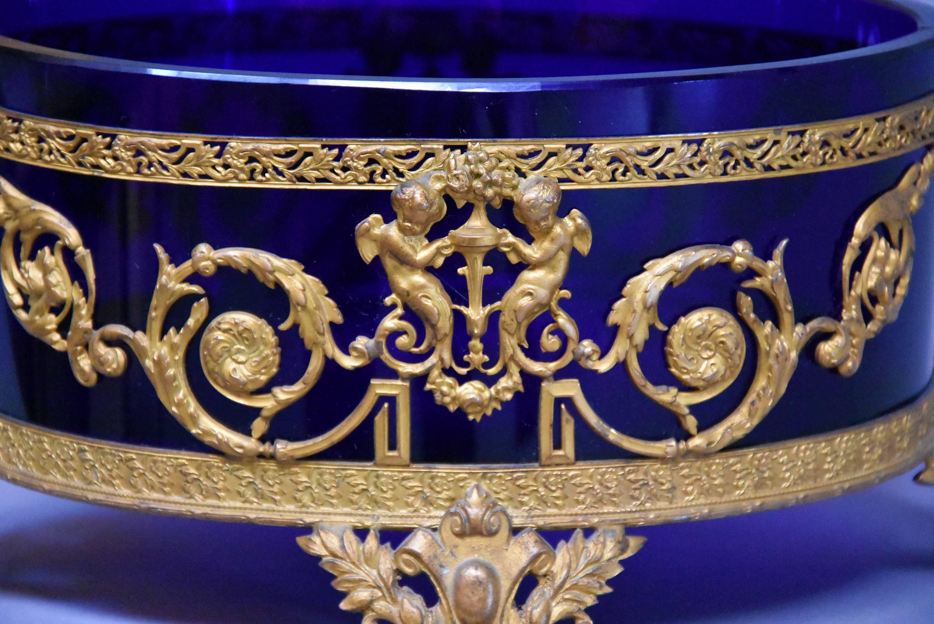 Fine Quality 19th Century Blue Glass and Gilt Metal Classical Style Centrepiece For Sale 4