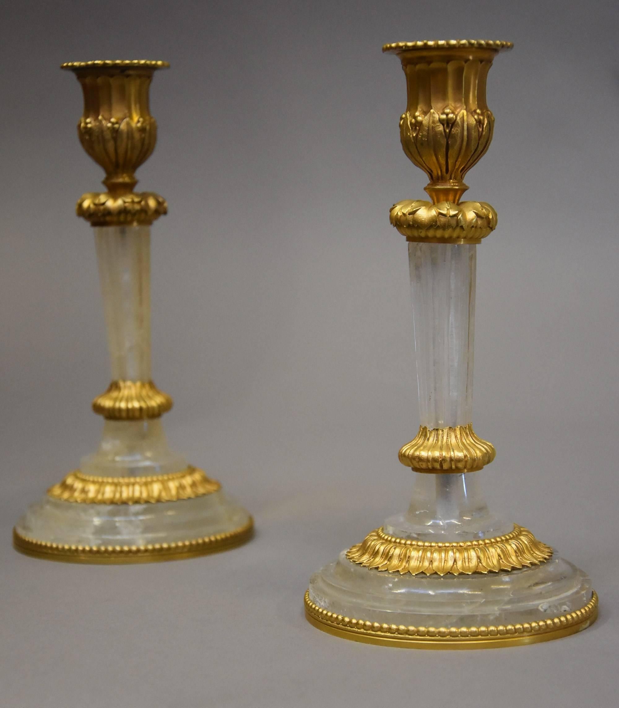 European Pair of Elegant Early 20th Century Rock Crystal and Ormolu Candlesticks For Sale