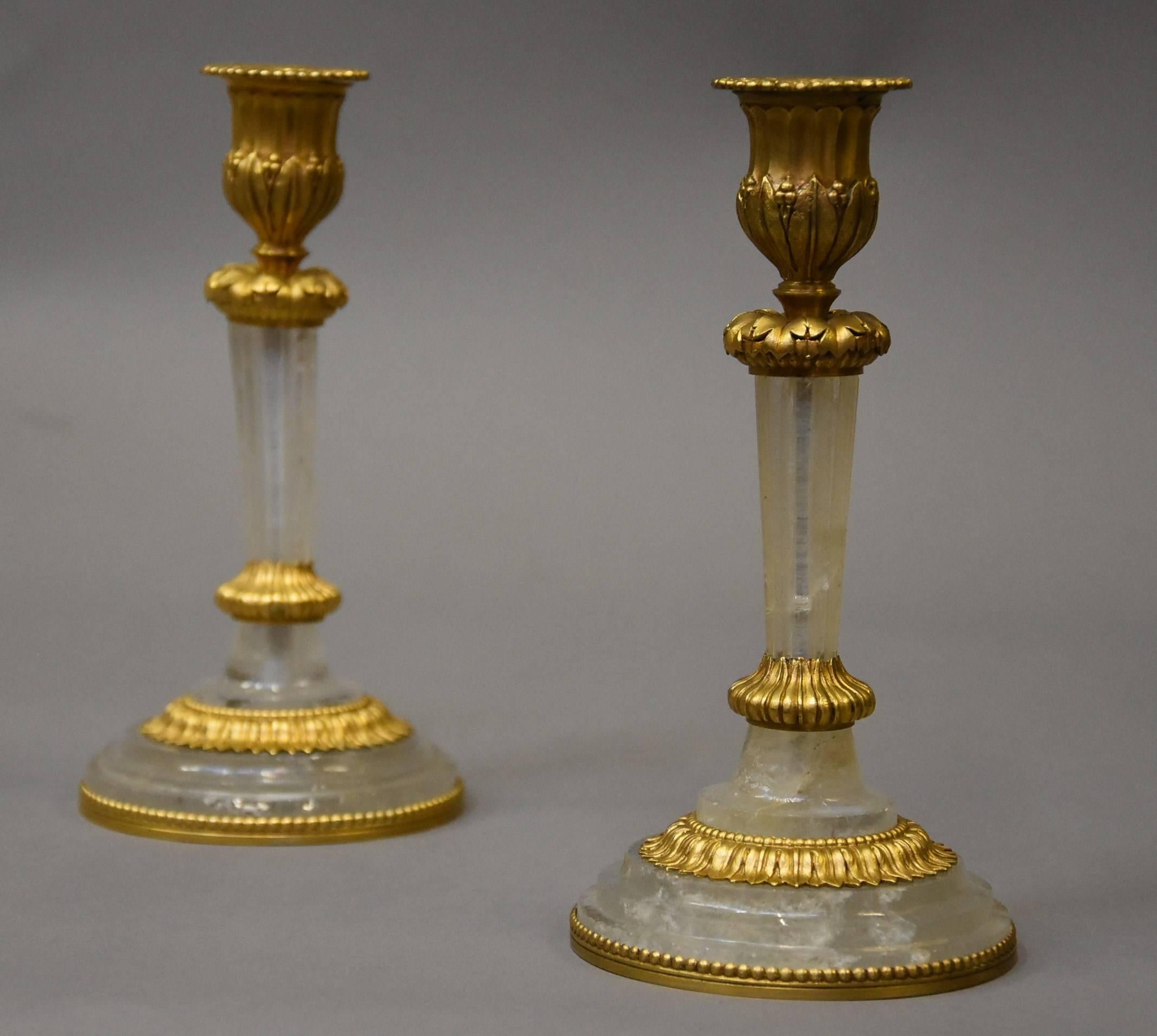 Pair of Elegant Early 20th Century Rock Crystal and Ormolu Candlesticks In Good Condition For Sale In Suffolk, GB