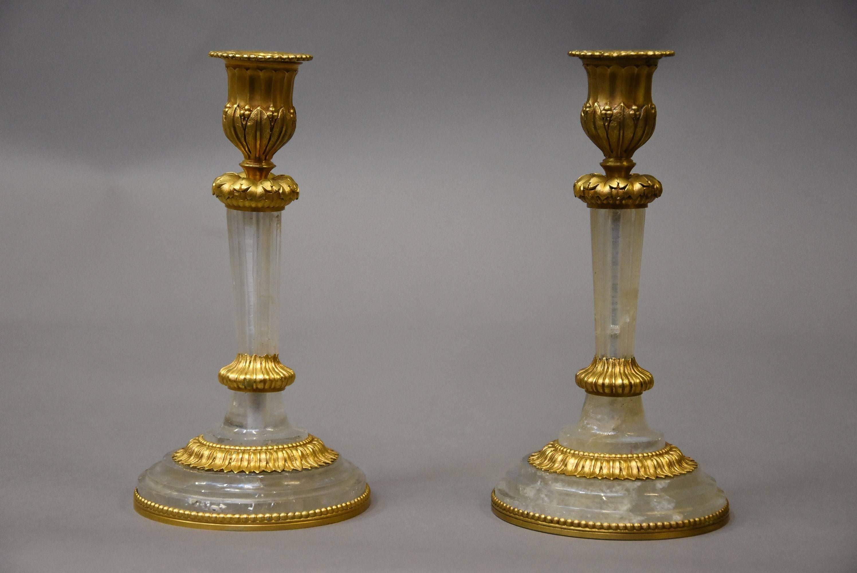 Pair of Elegant Early 20th Century Rock Crystal and Ormolu Candlesticks For Sale 1