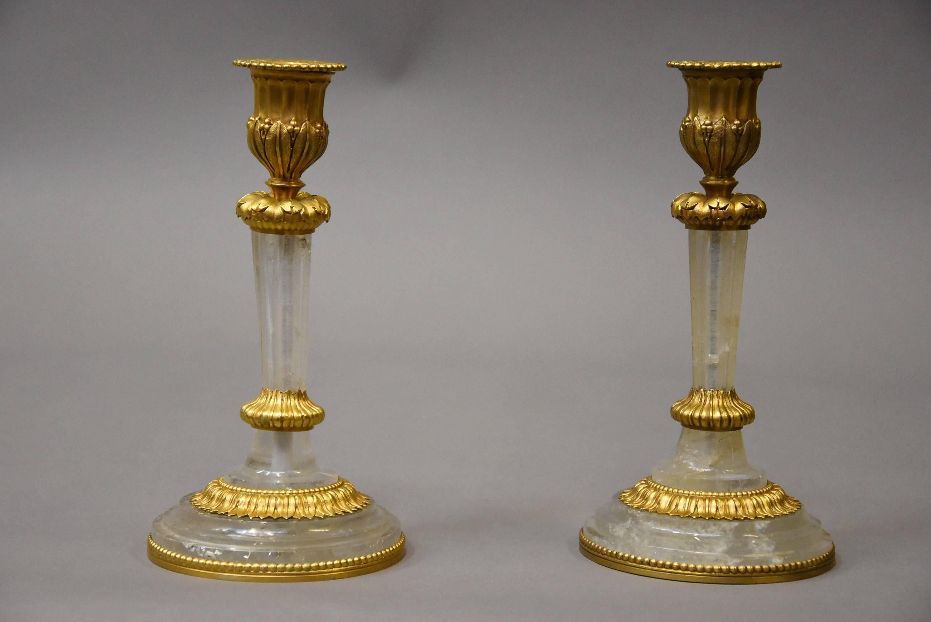 Pair of Elegant Early 20th Century Rock Crystal and Ormolu Candlesticks For Sale 2