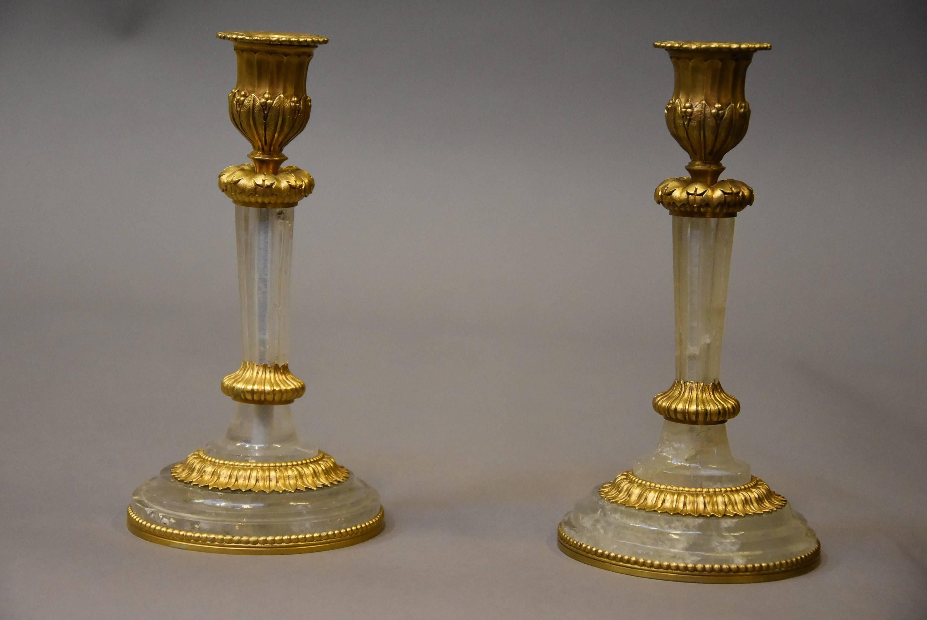 Pair of Elegant Early 20th Century Rock Crystal and Ormolu Candlesticks For Sale 3