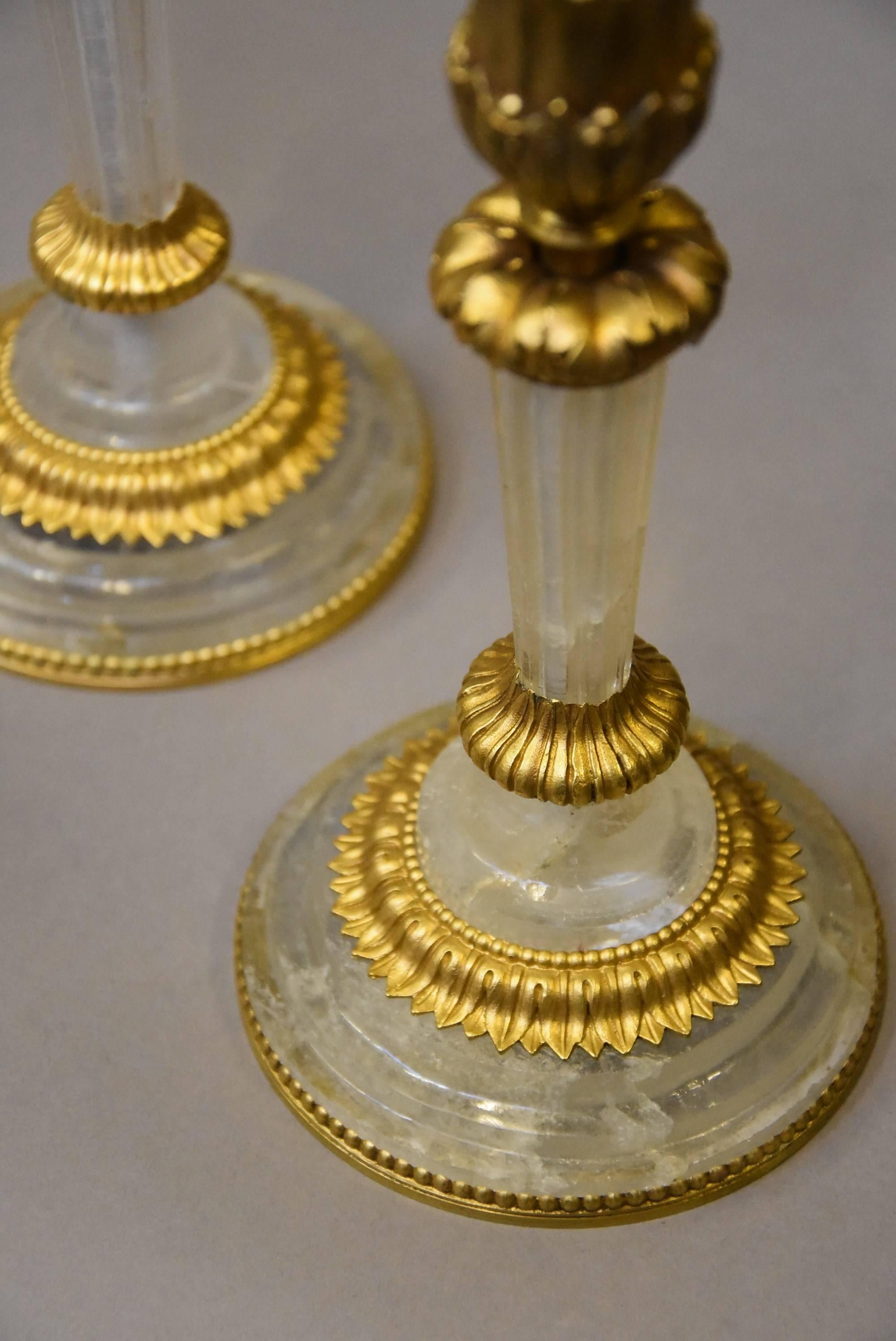 Pair of Elegant Early 20th Century Rock Crystal and Ormolu Candlesticks For Sale 5
