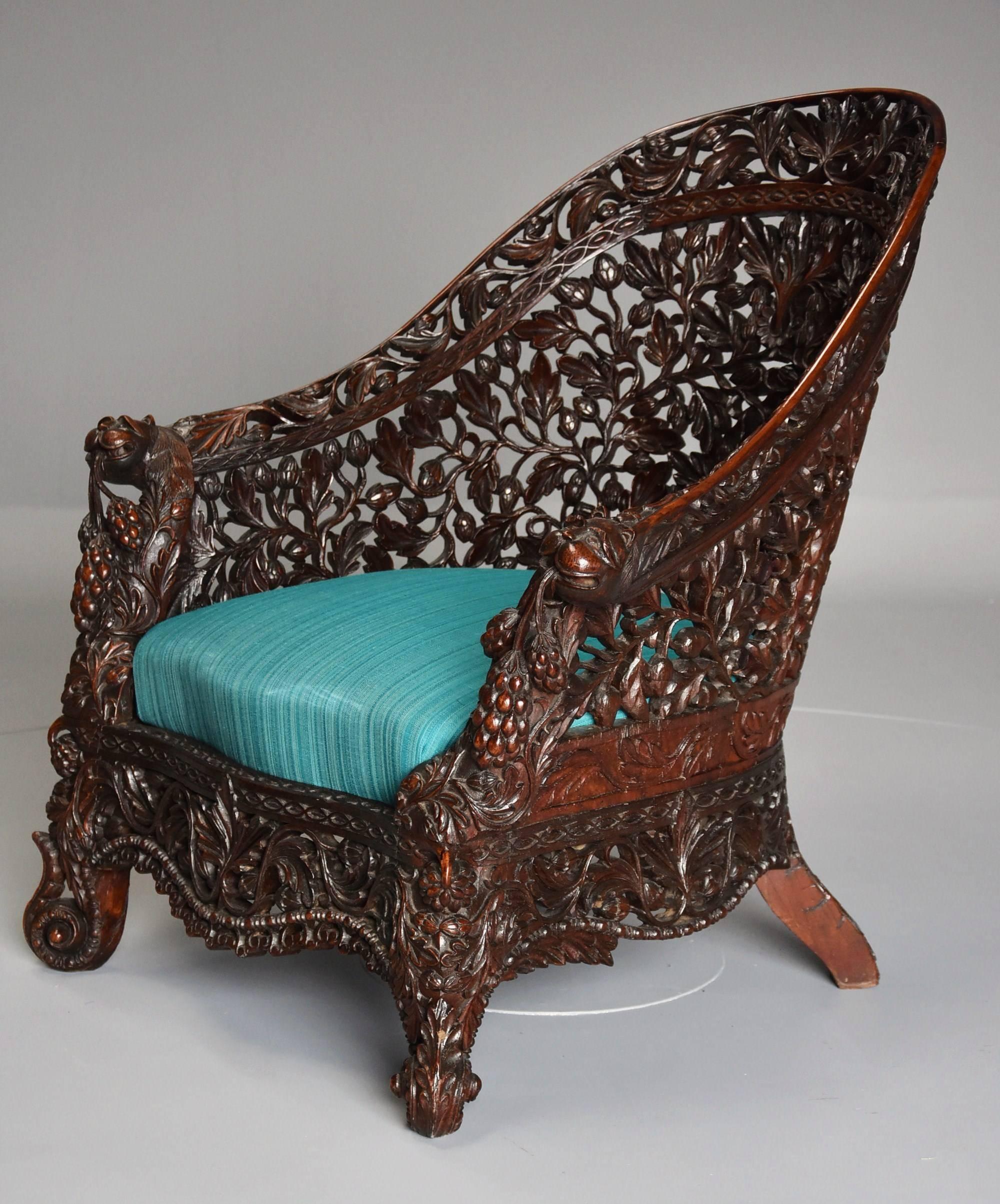 Mid-19th Century Rare Highly Decorative 19th Century Profusely Carved Indian Armchair