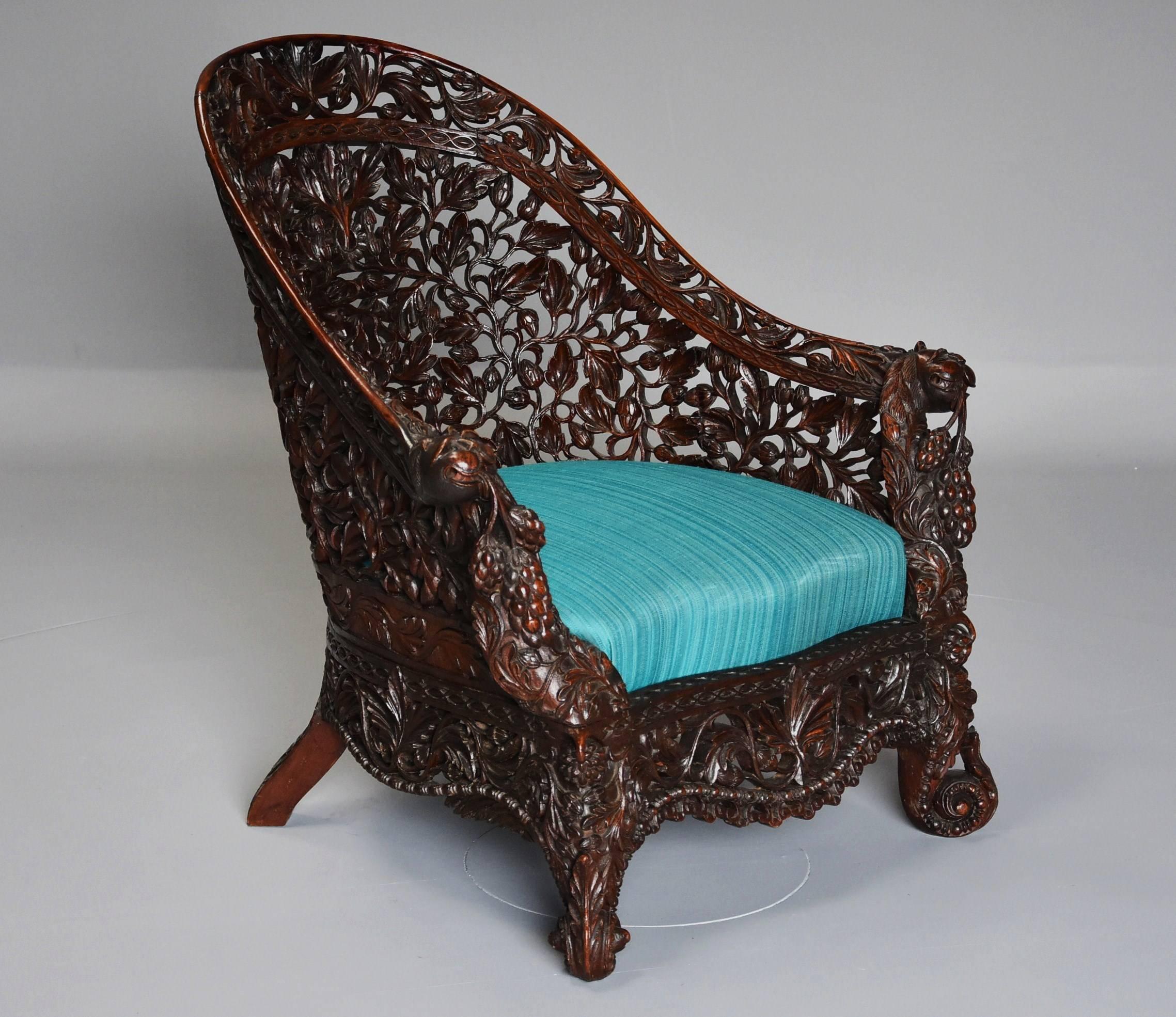 Hardwood Rare Highly Decorative 19th Century Profusely Carved Indian Armchair