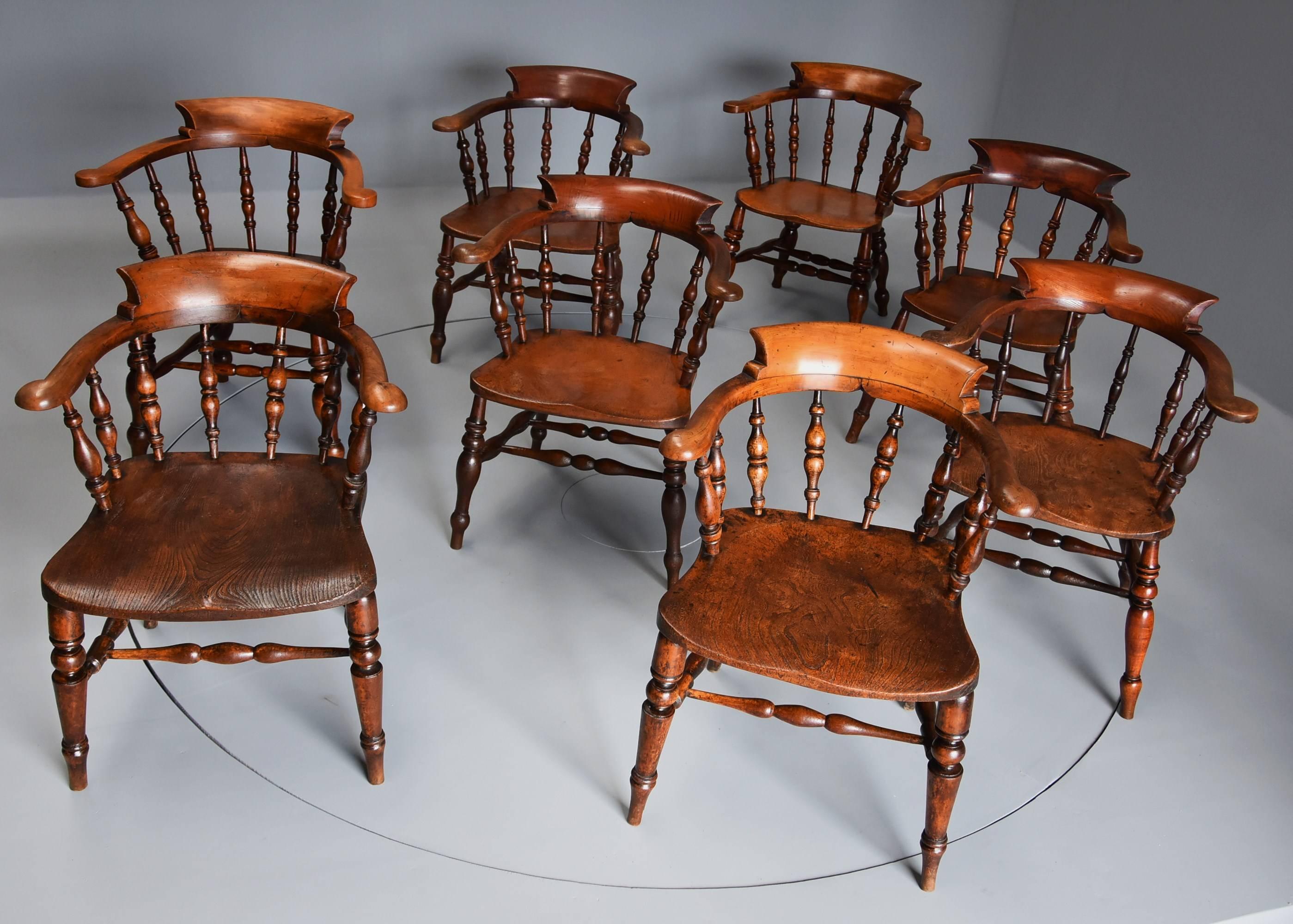 English Large Matched Set of Eight Mid-19th Century Smokers Bow Chairs or Office Chairs