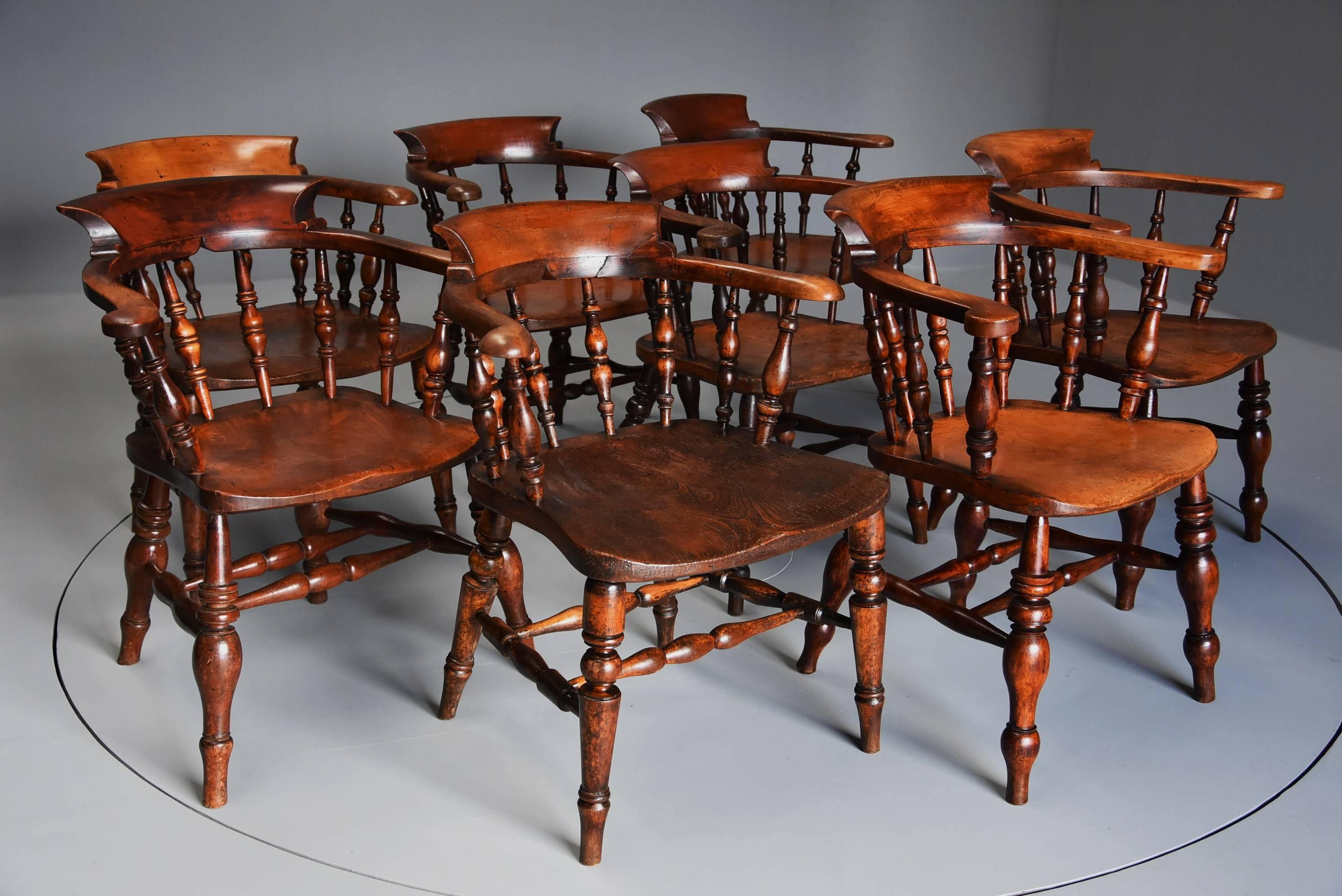 Ash Large Matched Set of Eight Mid-19th Century Smokers Bow Chairs or Office Chairs