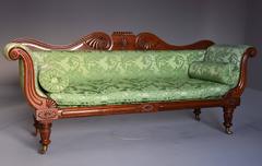 Late Regency Scroll End Mahogany Sofa with green silk upholstery