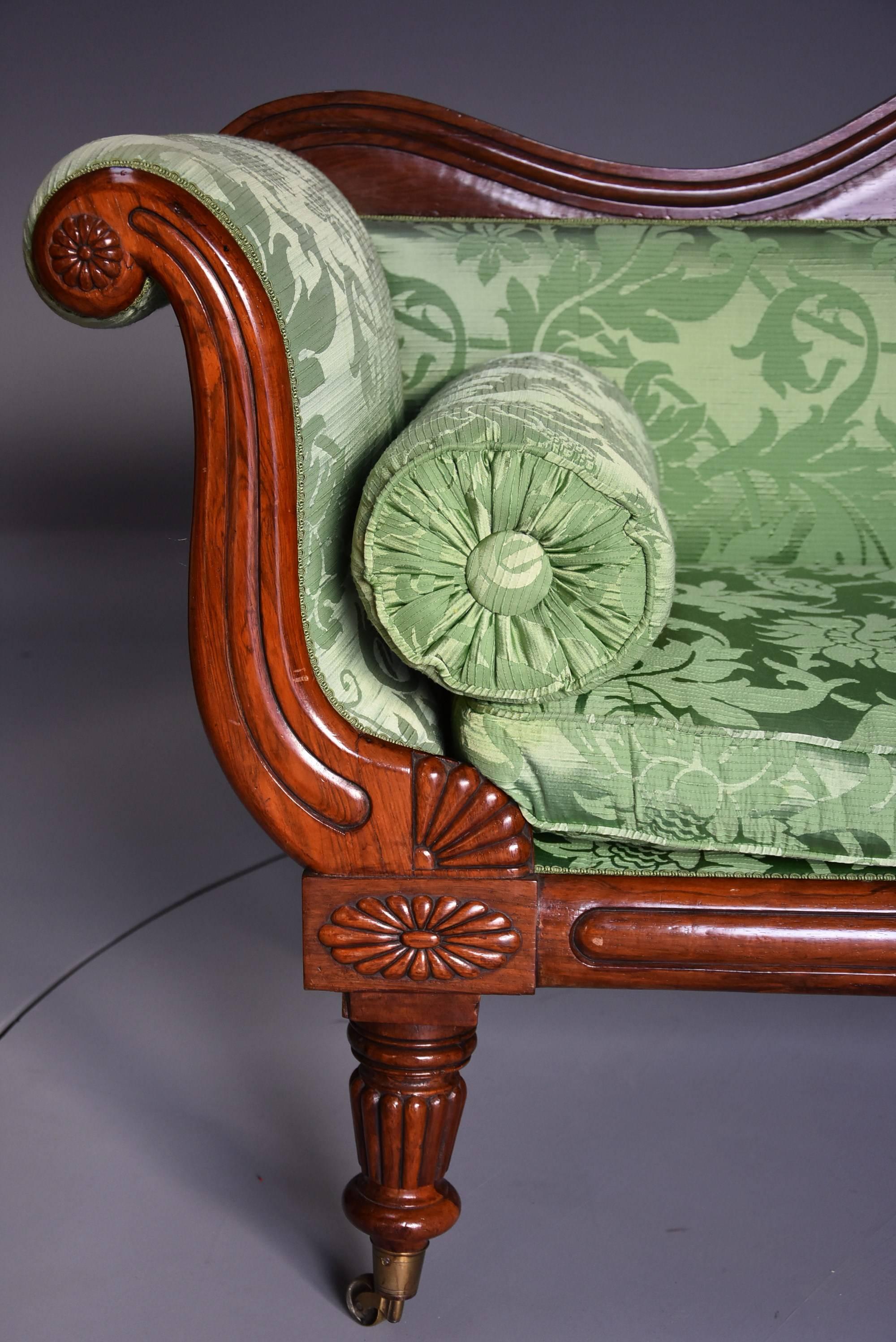English Late Regency Scroll End Mahogany Sofa with green silk upholstery For Sale