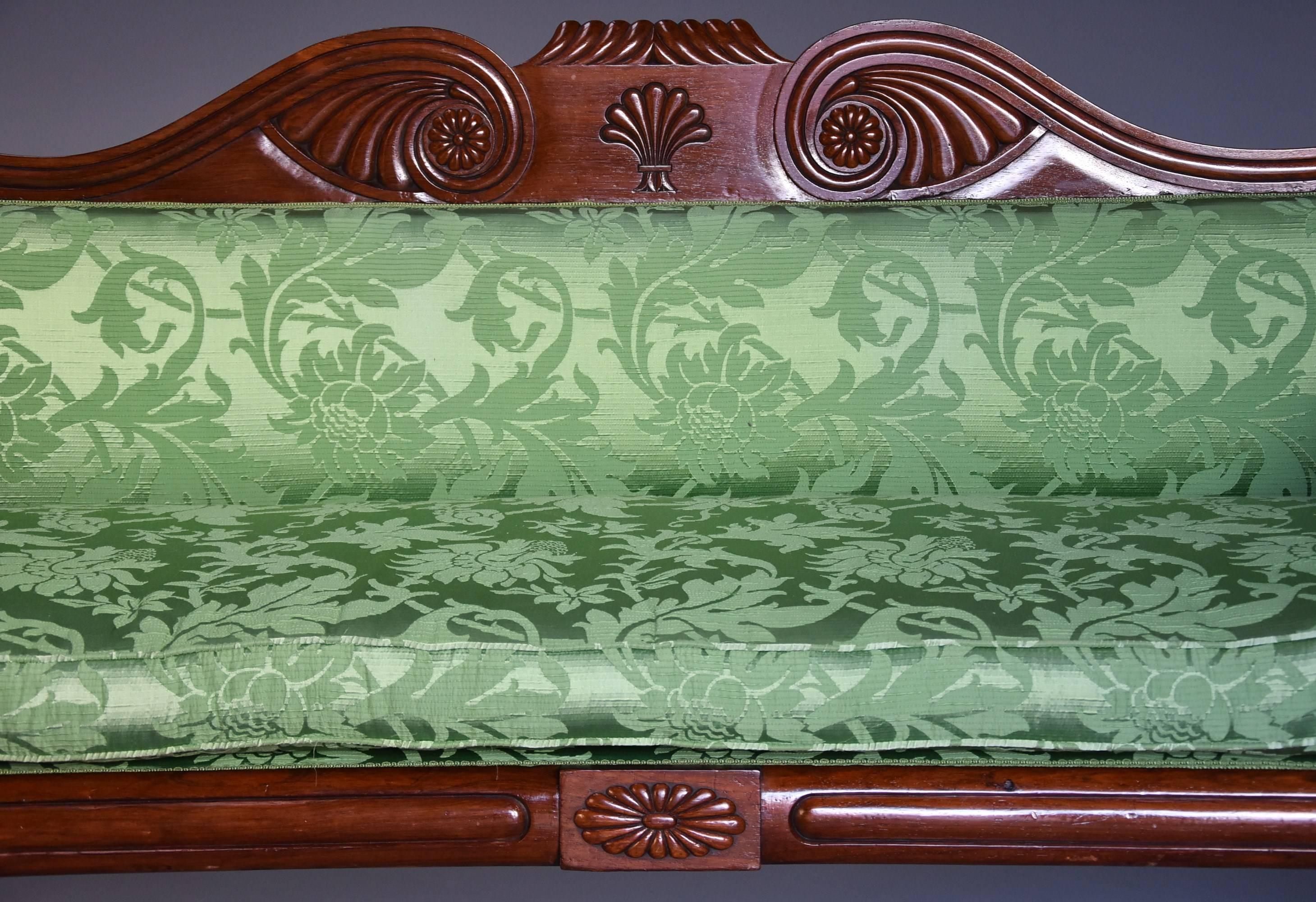 Late Regency Scroll End Mahogany Sofa with green silk upholstery In Good Condition For Sale In Suffolk, GB