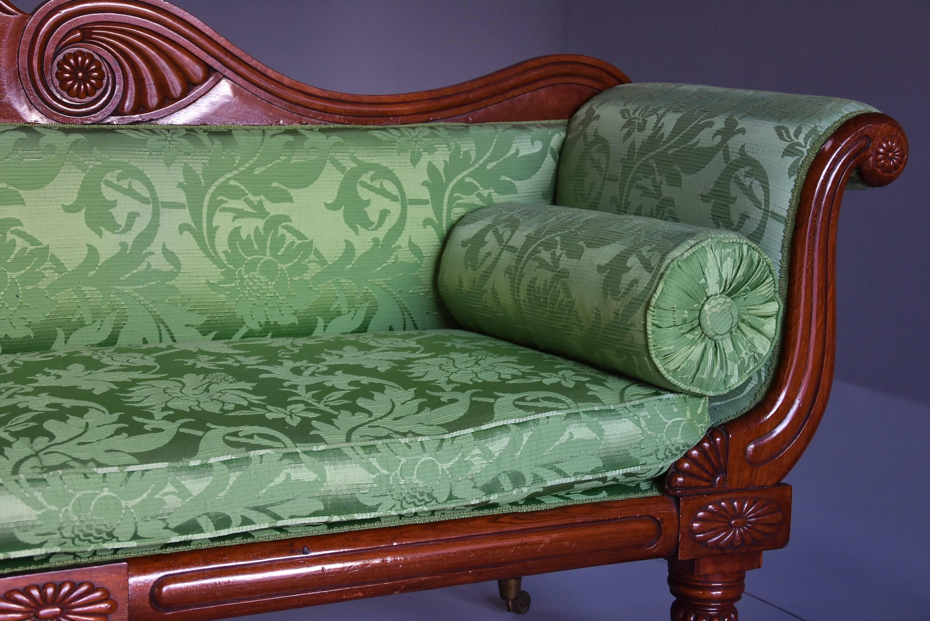 19th Century Late Regency Scroll End Mahogany Sofa with green silk upholstery For Sale