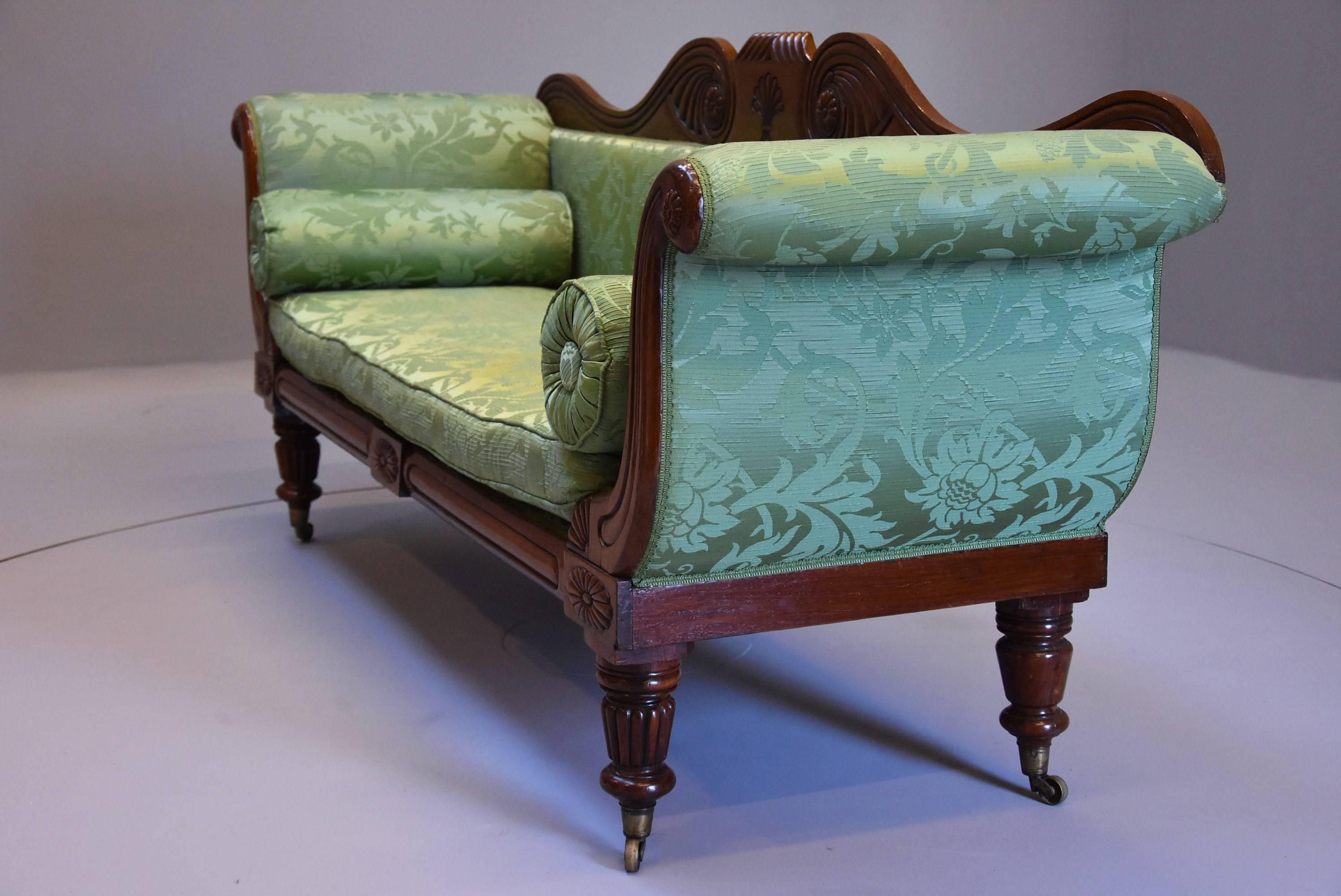 Silk Late Regency Scroll End Mahogany Sofa with green silk upholstery For Sale