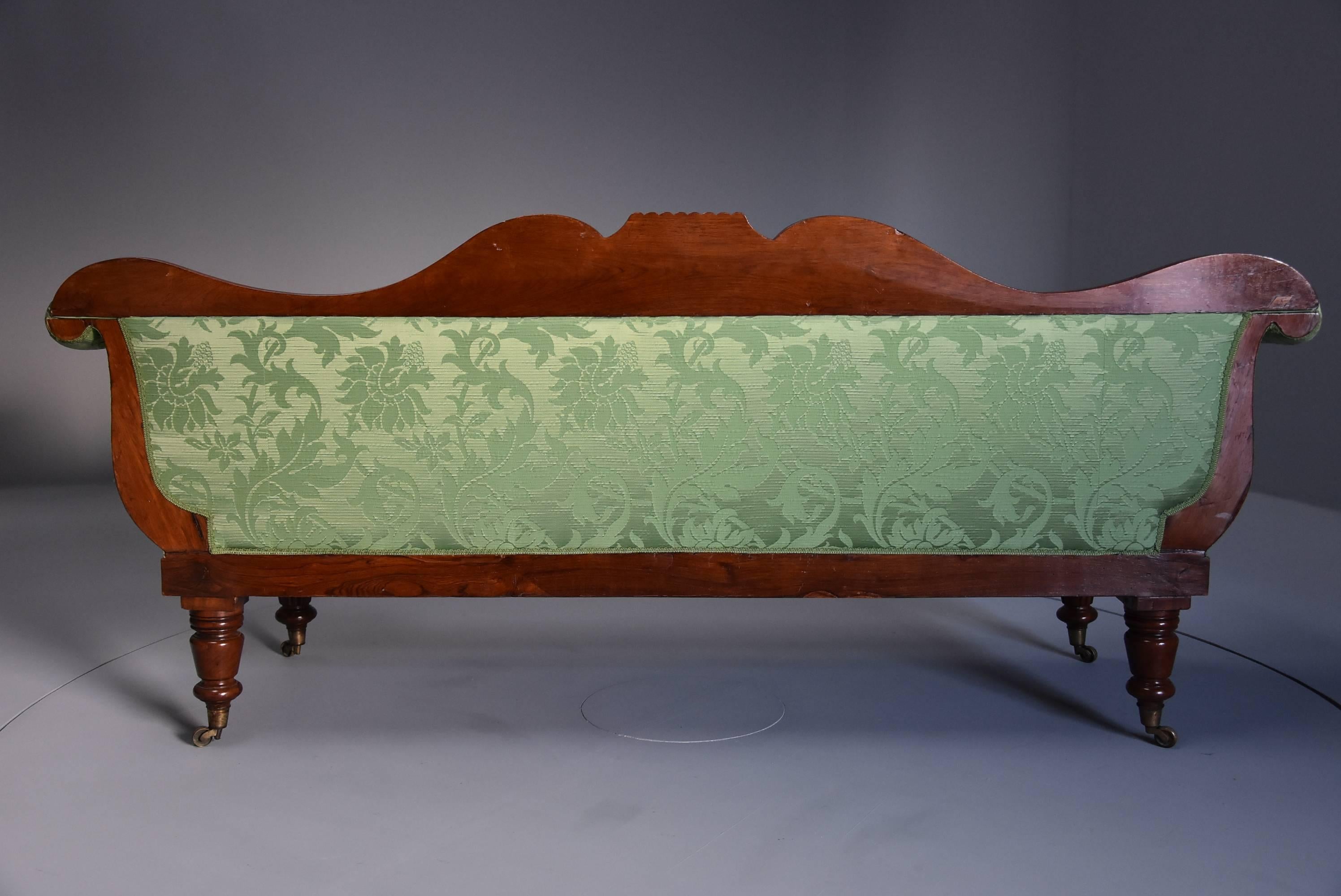 Late Regency Scroll End Mahogany Sofa with green silk upholstery For Sale 2