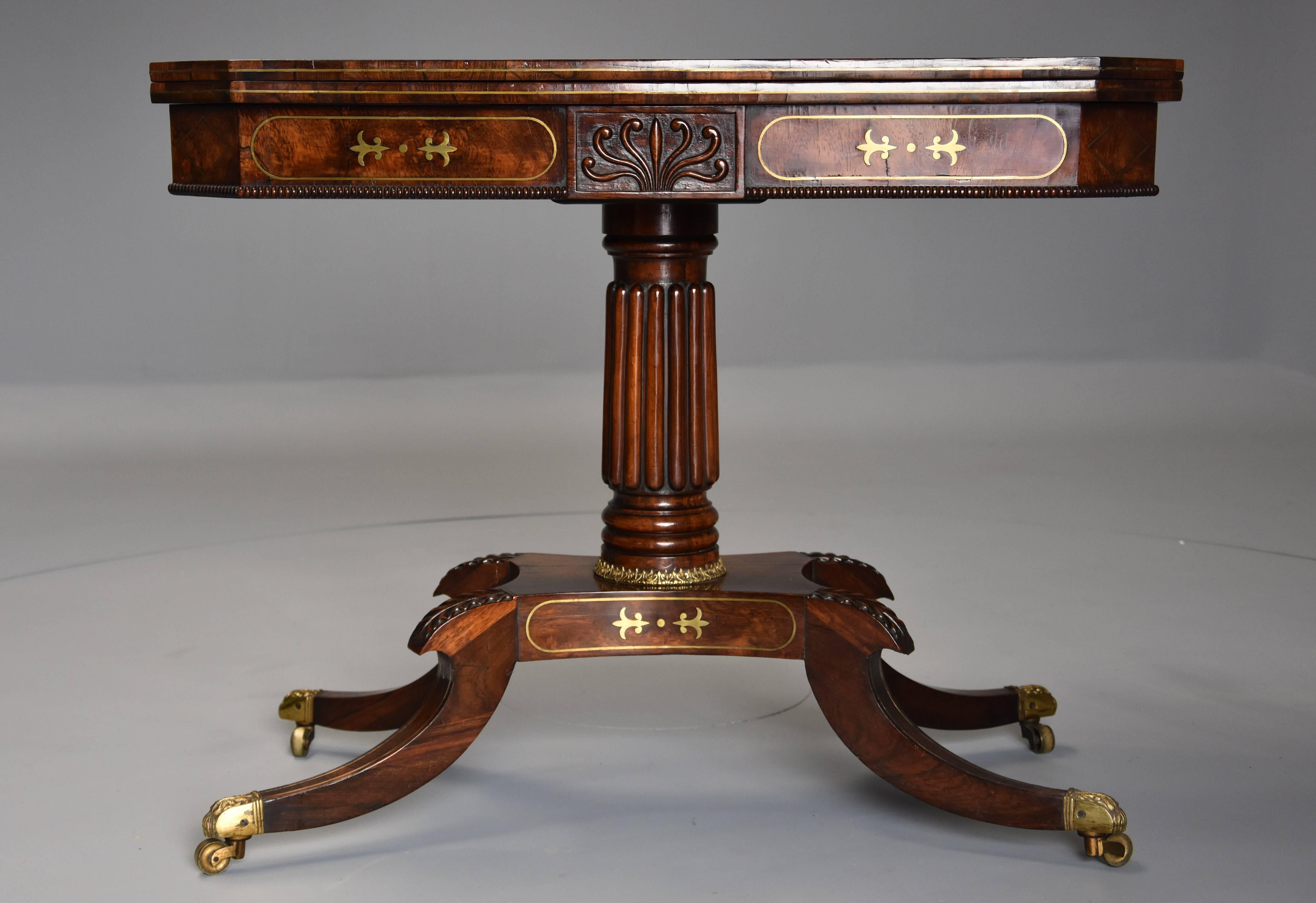 English Regency Rosewood Card Table with Brass Inlaid Decoration of Super Quality