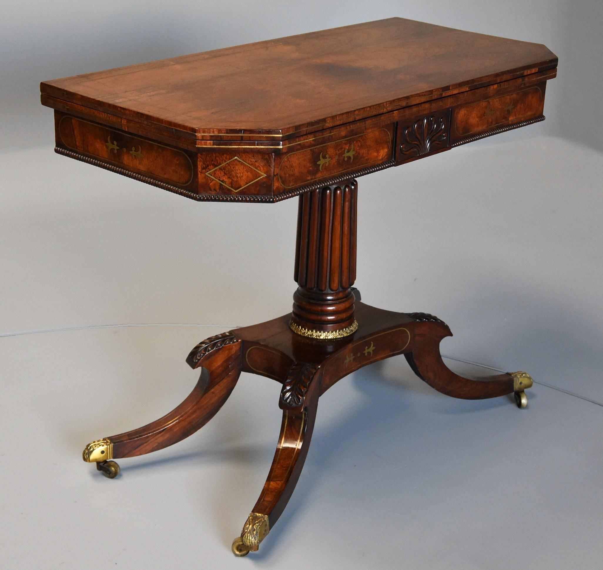 19th Century Regency Rosewood Card Table with Brass Inlaid Decoration of Super Quality