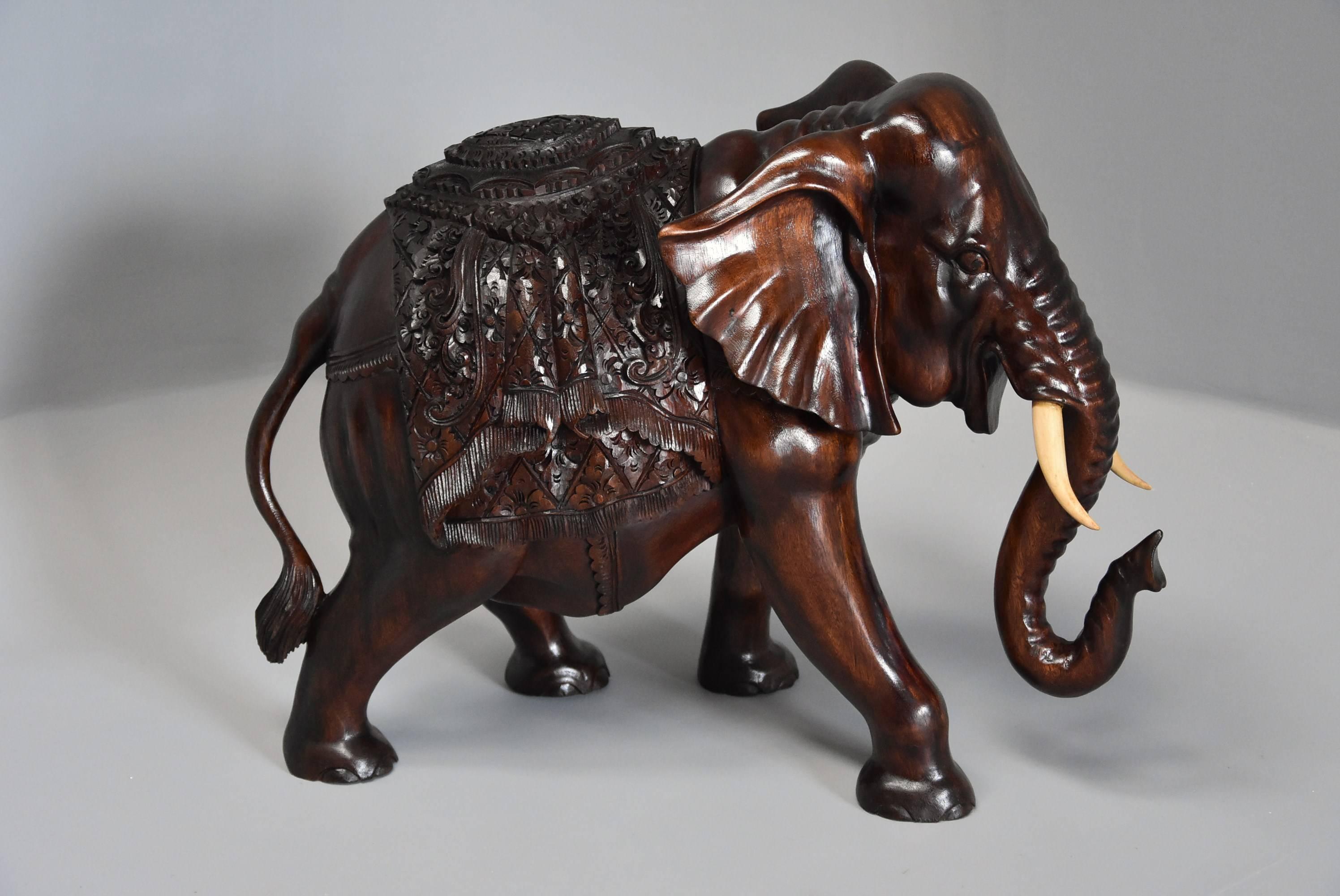 Asian Highly Decorative Carved Hardwood Elephant