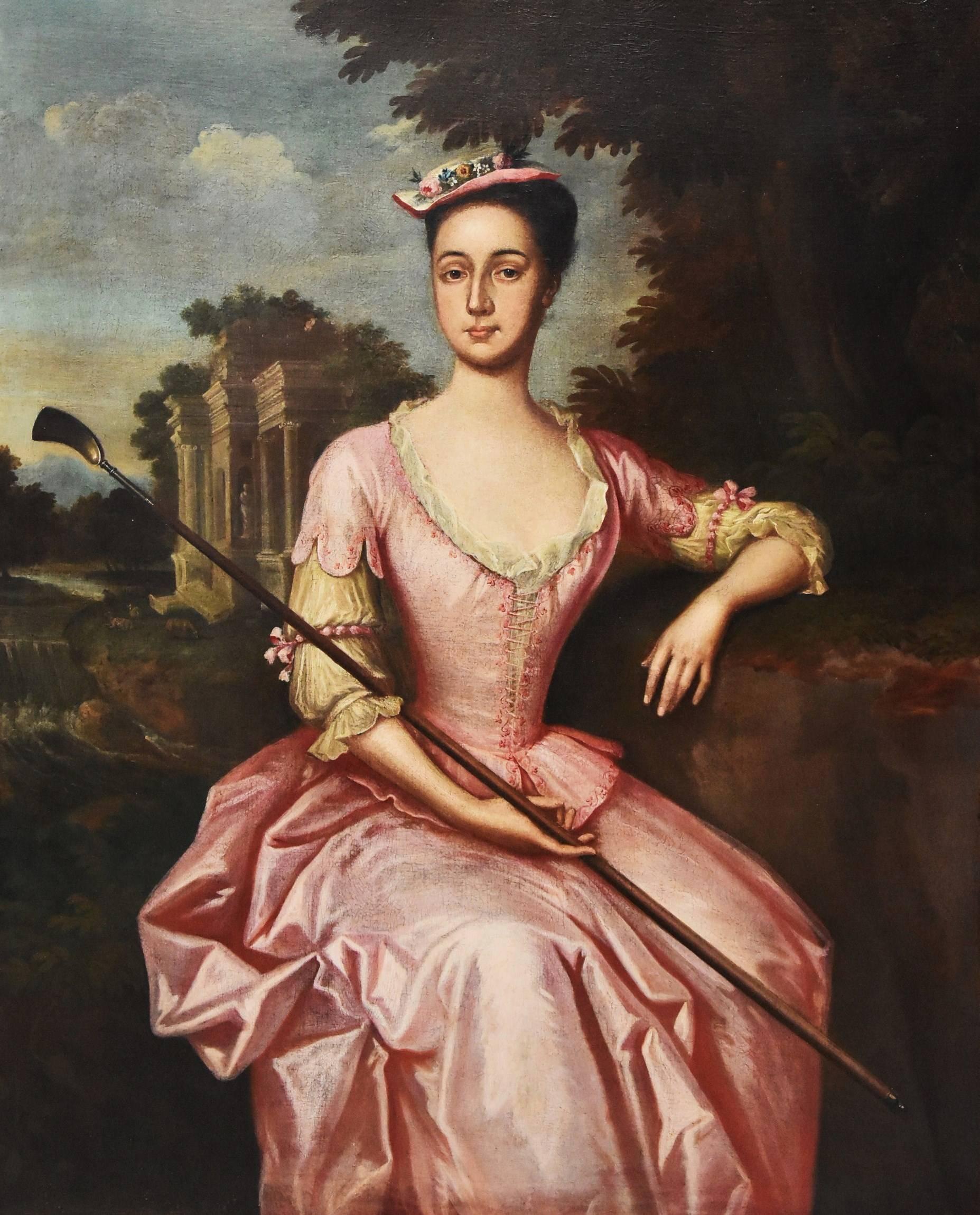 A large 18th century portrait, oil on canvas, circa 1780, of a young woman, believed to be Mary Yeats, daughter of John and Sarah Yeats, the painting attributed to John Lewis (British 1744-1780).               

The young woman, seated and holding