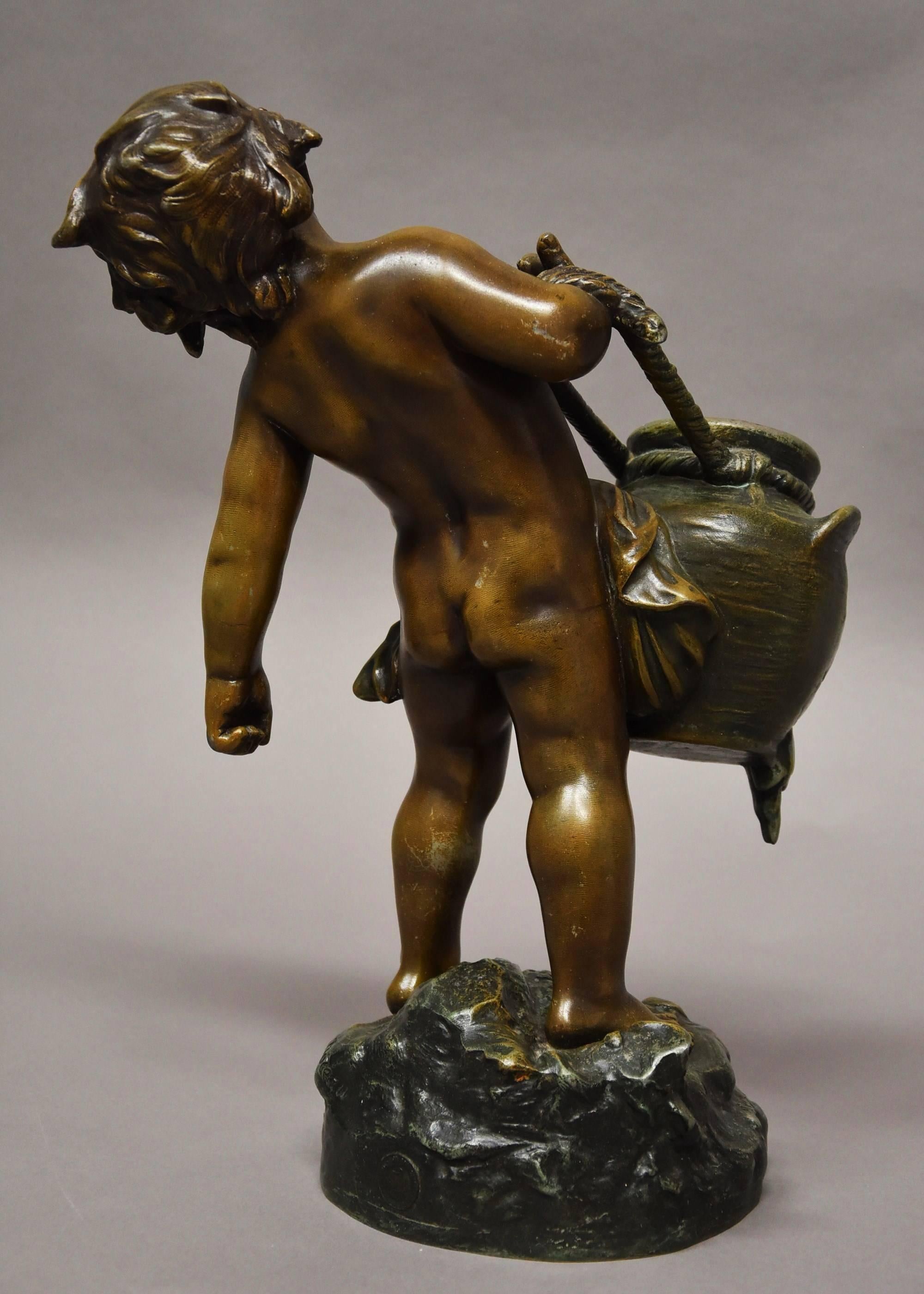 19th Century French Patinated Bronzed Spelter Figure of Young Male Water Carrier In Good Condition For Sale In Suffolk, GB