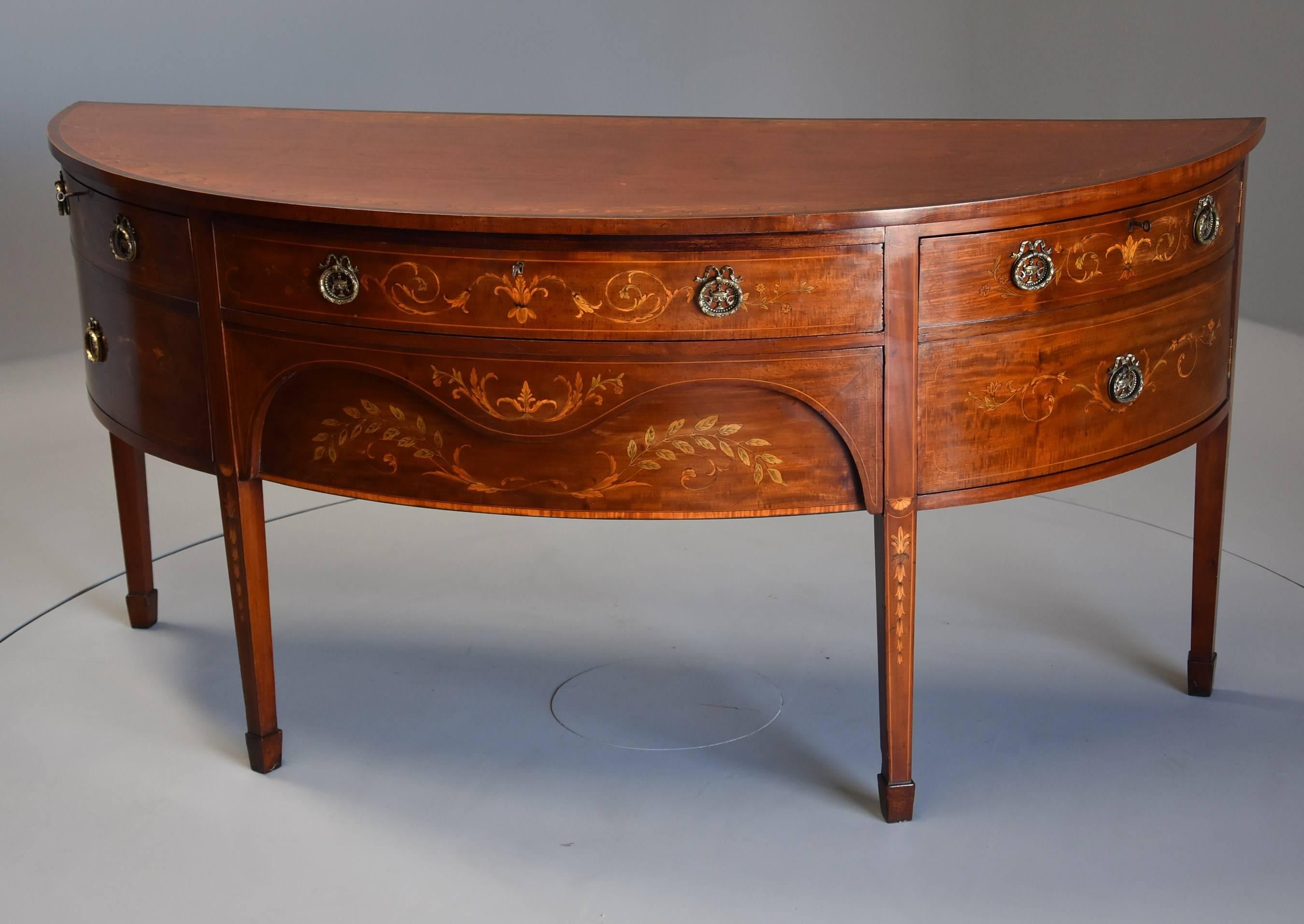Sheraton Fine Quality Edwardian Mahogany & Inlaid Bow Front Sideboard by Druce & Co