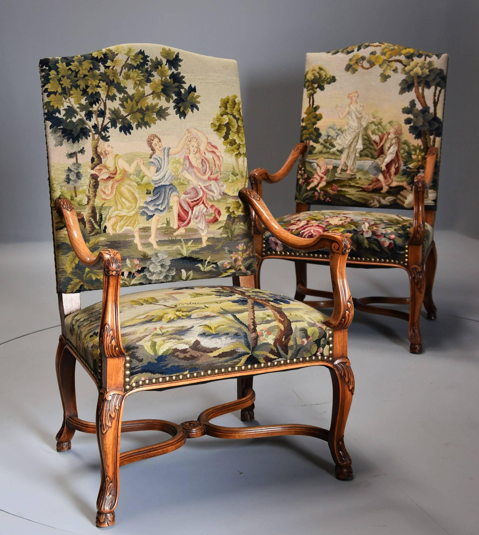 Louis XV Pair of French 19th Century Carved Walnut Open Armchairs