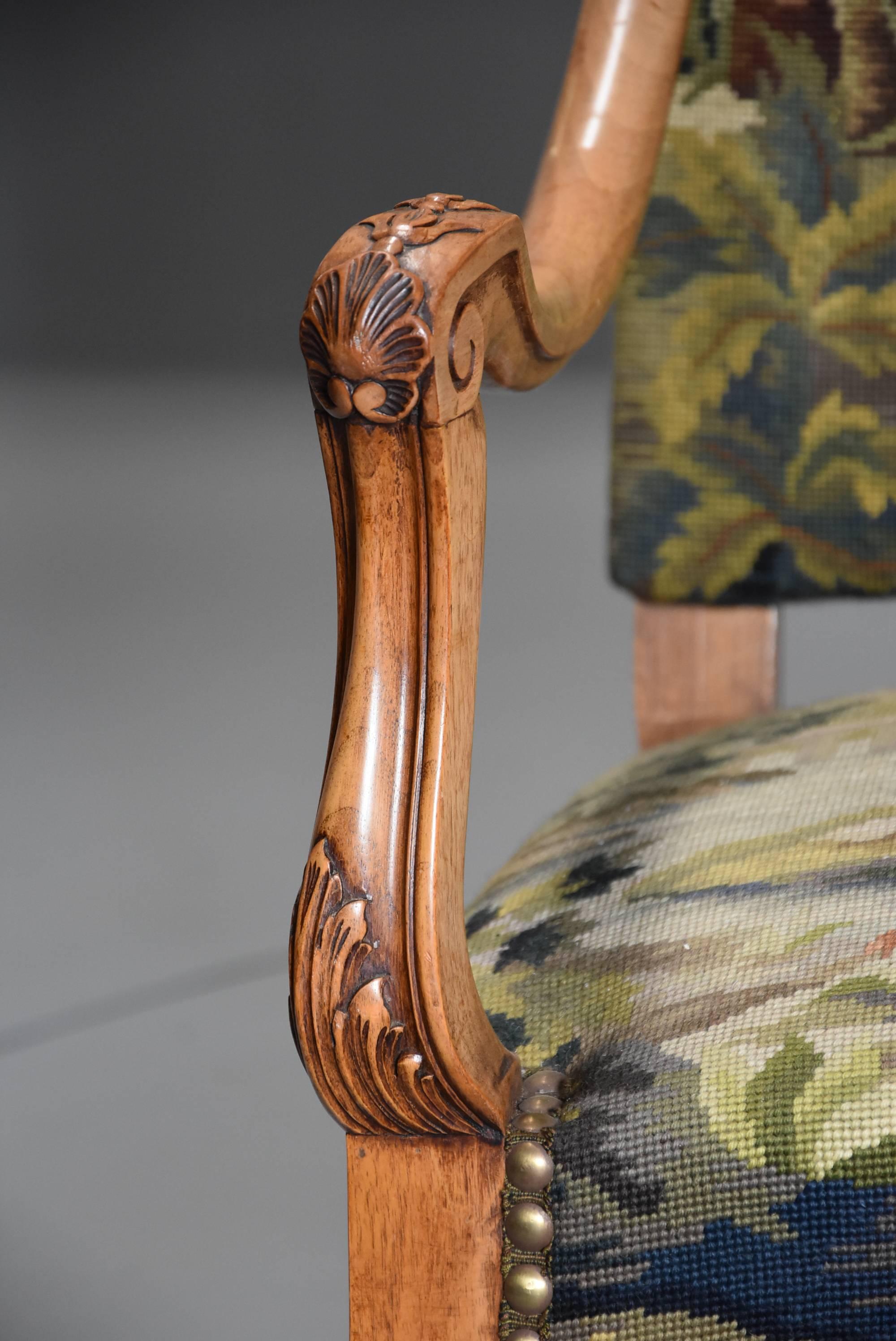 Pair of French 19th Century Carved Walnut Open Armchairs 2