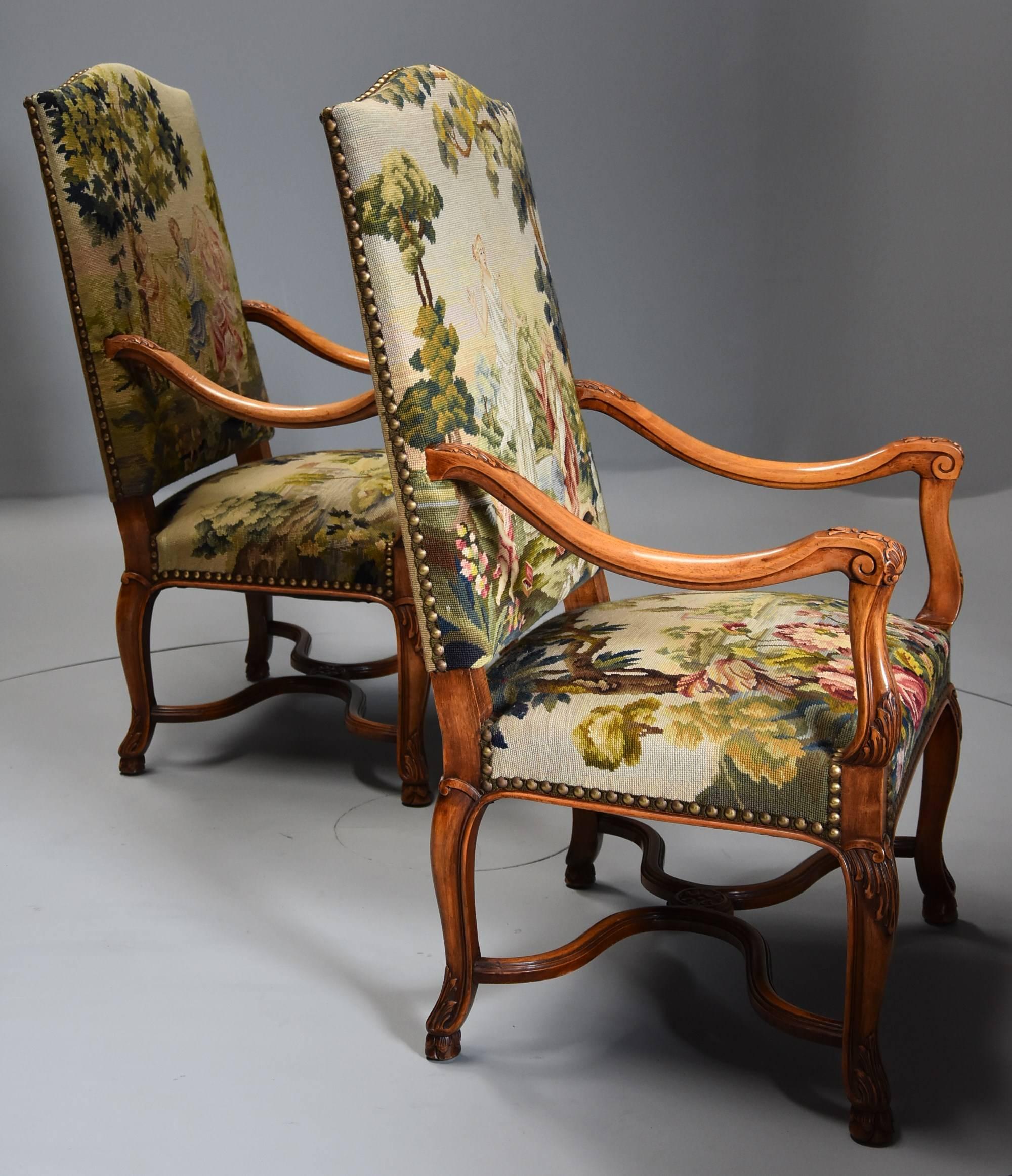 Pair of French 19th Century Carved Walnut Open Armchairs 3