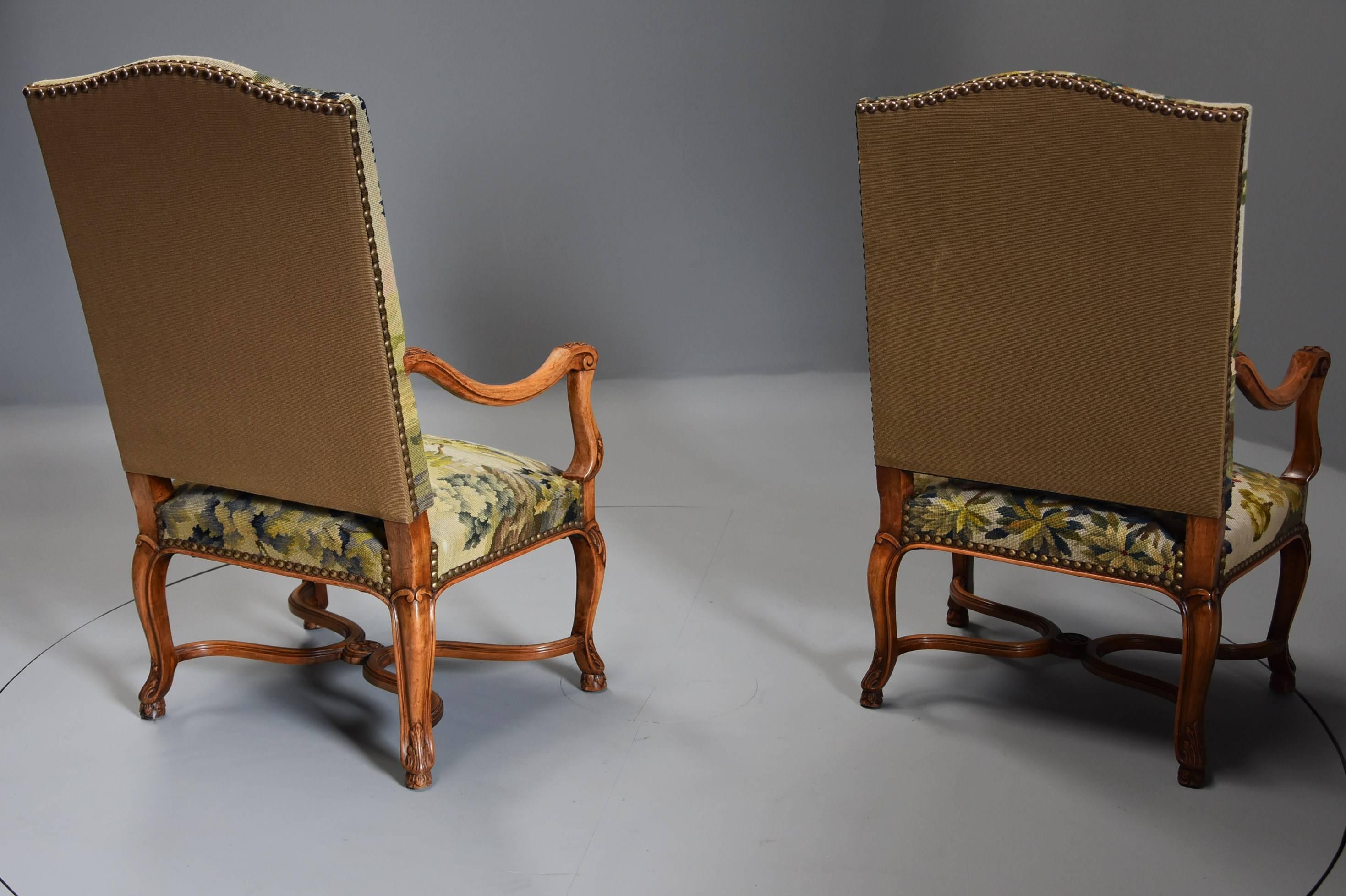 Pair of French 19th Century Carved Walnut Open Armchairs 5