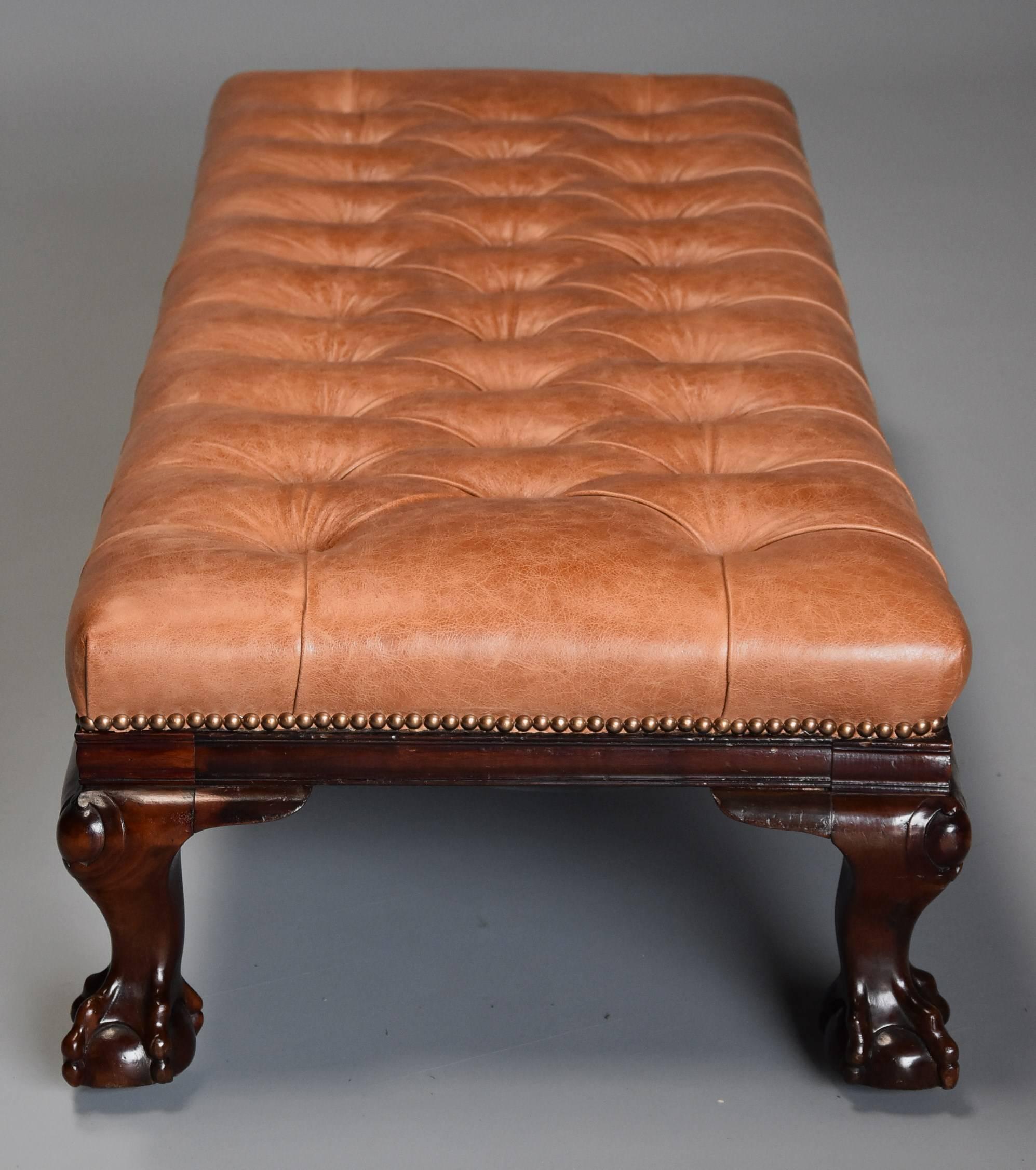 English Large 19th Century Deep Buttoned Leather Mahogany Low Stool