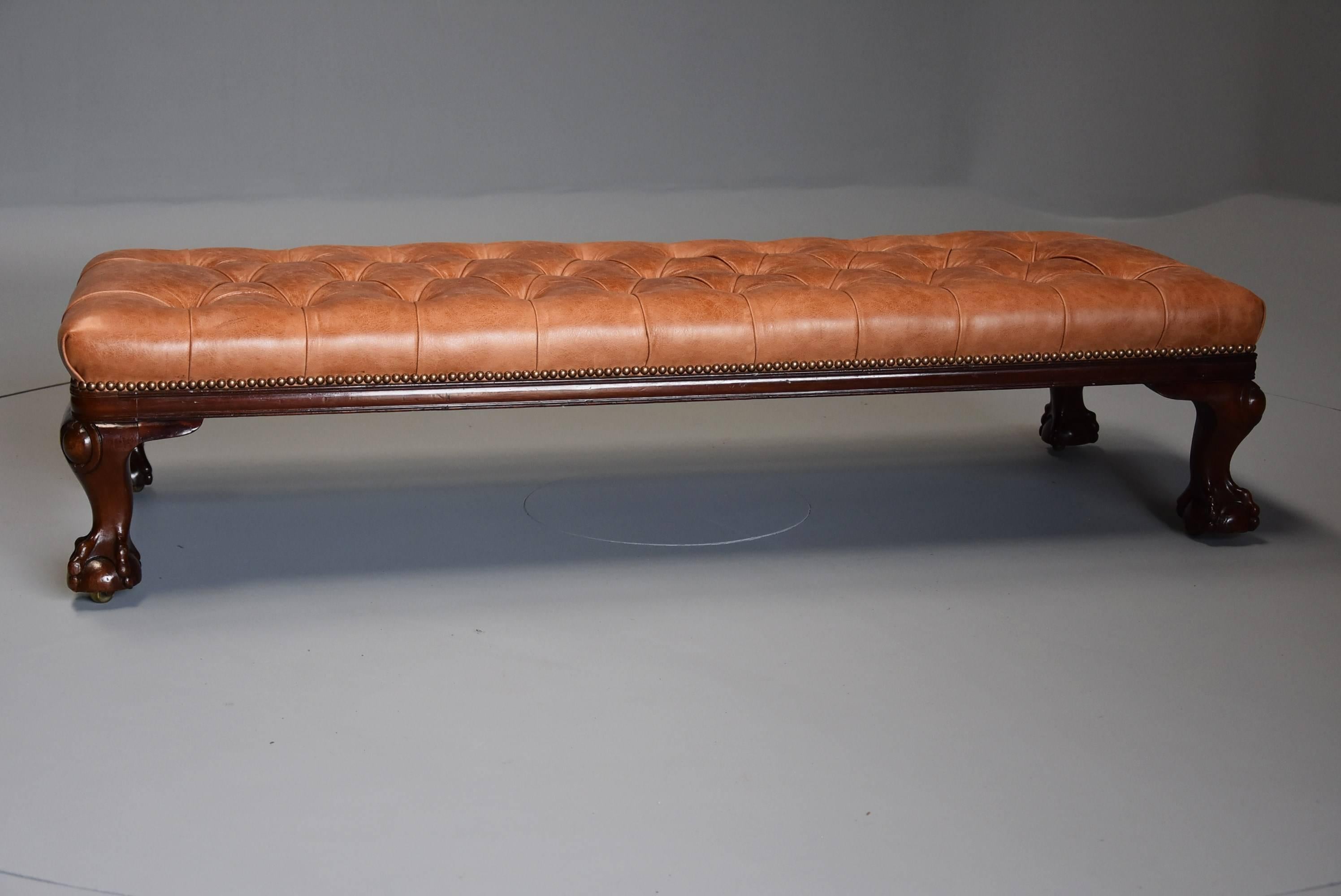 Large 19th Century Deep Buttoned Leather Mahogany Low Stool 1