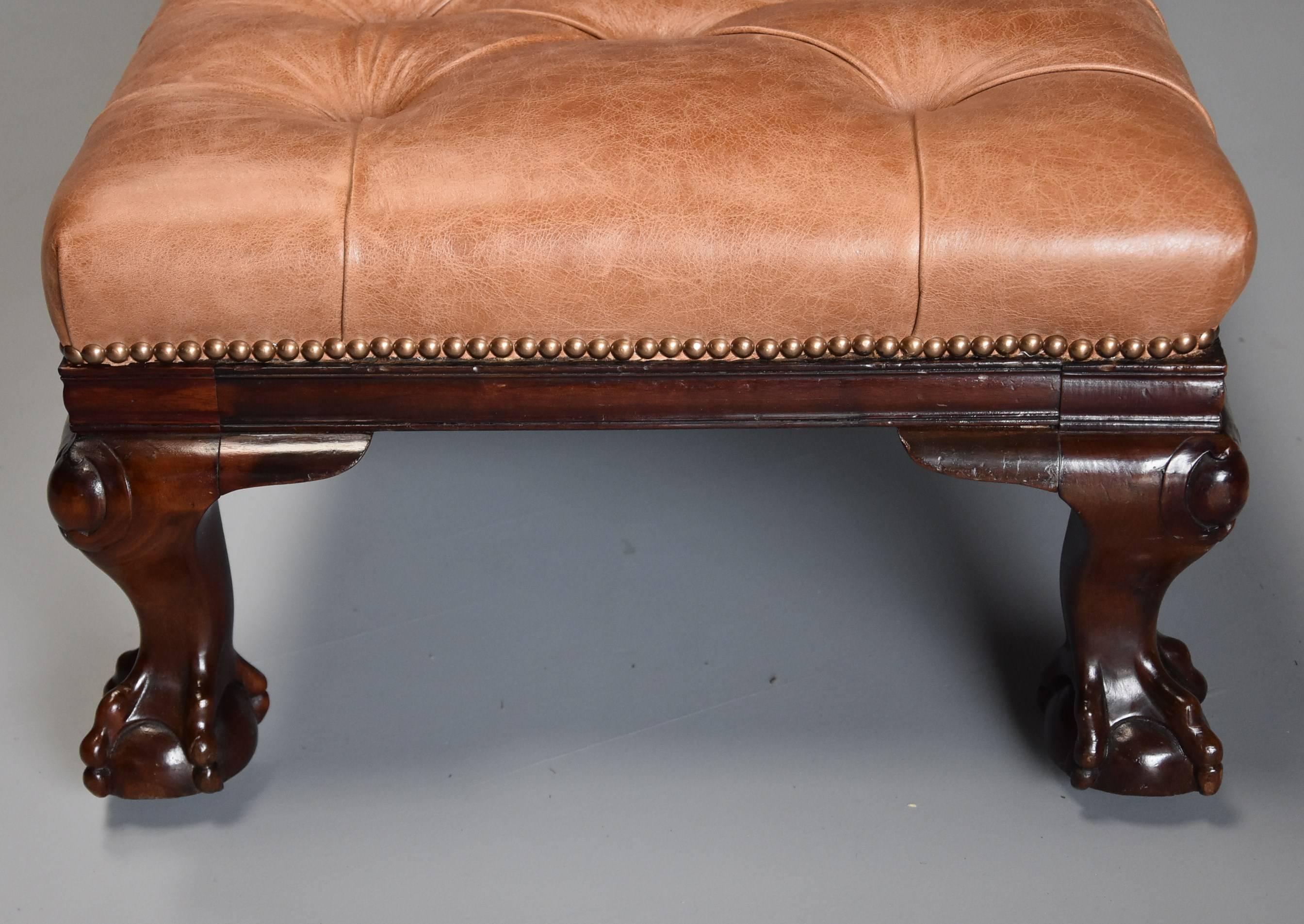 Large 19th Century Deep Buttoned Leather Mahogany Low Stool 4